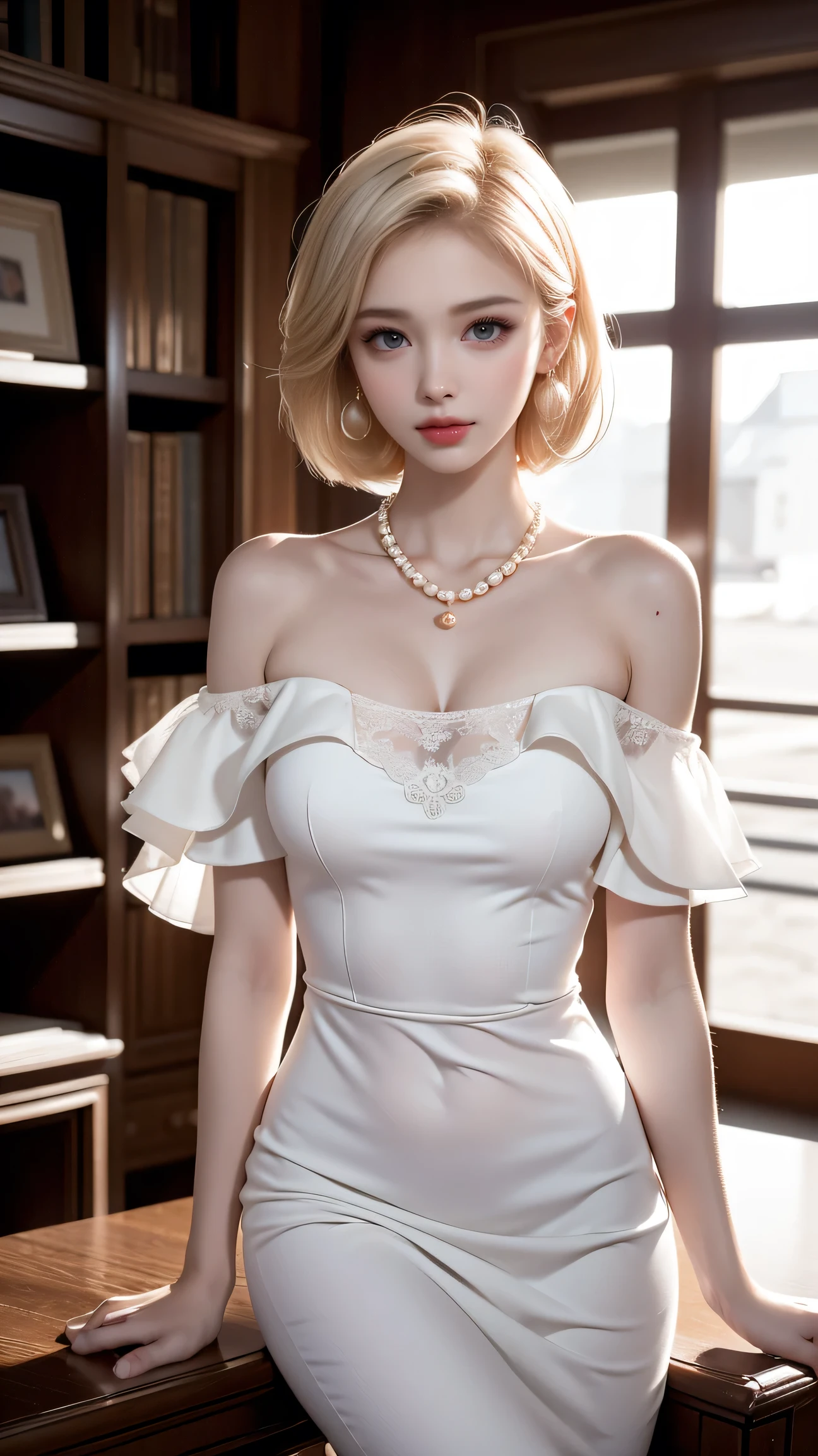 ((Girl sitting on chair in library))、Best quality work,Actual work,jewelry、(Pearl Necklace、Earrings),Ultra Premium Graphics,8K HD CG Works,High quality graphics,High-definition CG works,10x pixels,Extremely fine detail:1.1,Advanced Technical Details:1.1 Photorealistic,Indoor lighting effects:1.5,Natural light:1.5. Light effects(virtual Light effects:1.8),((Golden white short hair))、(Bob Hair), Thin eyebrows,High nose, Nice red lips, Rose Cheeks, A face with subtle makeup , Cute face, perfectly balanced face,(),A light-toned foundation enhances the clarity of your skin.、,((Off-the-shoulder pure white dress)). 40k, photograph, Tabletop, highest quality, Rainy background, ((1 Beautiful eyes light haired girl, White skin, Various poses.((Medium sized breasts,:1.1)), highest quality, Tabletop, Ultra-high resolution, (Realistic:1.4), RAWphotograph, (Perfect figure), (slim:1.3), Slim abdomen, Perfect slim figure, Dynamic Pose, alone, Cold light 12000K, Very detailed facial and skin texture, Fine grain, Realistic eyes, Beautiful fine grain, (Realistic Skin), Charm, 超A high resolution, Surreal, Very detailed、