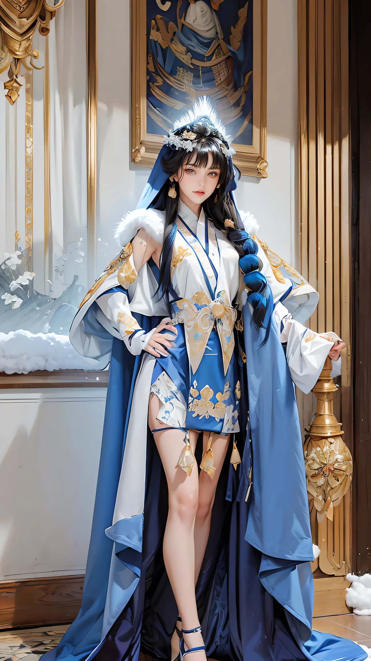 Best Best quality, masterpiece, ultra high res, raw photo, beautiful and aesthetic,deep shadow, dark theme,(ultra detailed:1.3),
1girl, dress with frills, gloves, stockings, sexy pose, Headdress, hair ornament, full of curtain, drill hair, long hair, blonde hair, gradient hair, yellow eyes, solo, huge breasts, G-cup, big hair, blue hair, tiara, divine goddess, looking at viewer, royal palace, indoors, bedroom, astraea, full body, (white hanfu), (Winter hanfu:1.2), (cloak:1.2), (snow:1.3), French twist, Appalachian