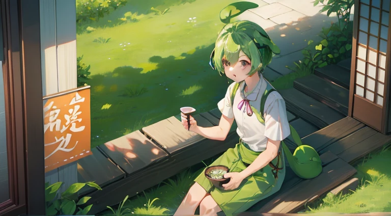 Zundamon、Eating zunda mochi while sitting on the veranda of a house Clothing short sleeve dress shirt、Trousers yellow-green Short trousers