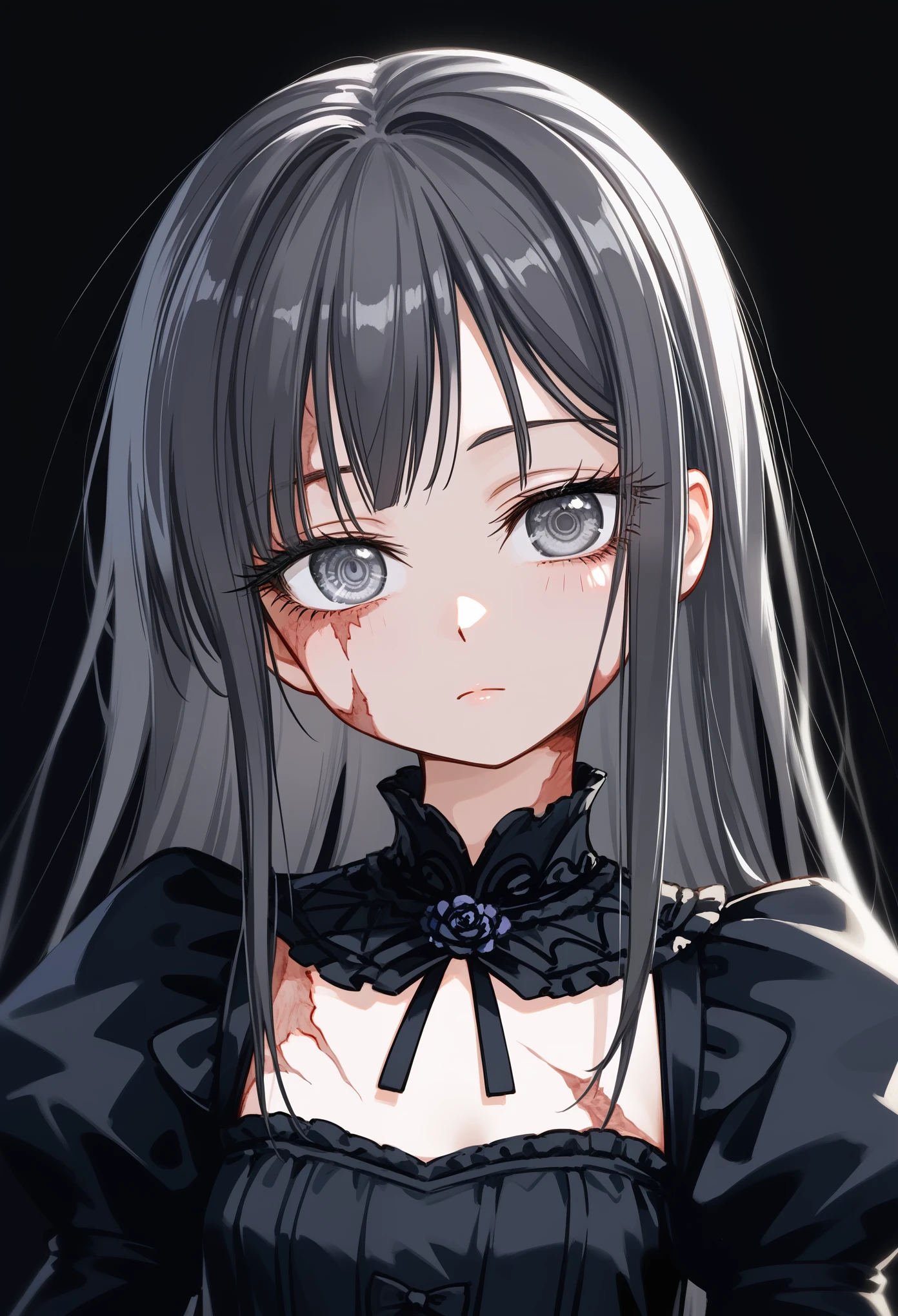 masterpiece, best quality, absurdres, (score_9, score_8_up, score_7_up), 1girl, solo, close-up, small breasts, black hair, long hair, gray eyes, scars, burn scars, neutral, head tilt, black dress, Victorian fashion, hands down, looking at viewer, black background, simple background, sfw