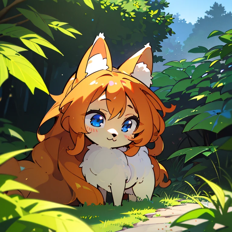 (best quality,4k,8k,highres,masterpiece:1.2),ultra-detailed,(realistic,photorealistic,photo-realistic:1.37),cute,solo girl with orange long wavy hair,blue eyes,fox ears,fluffy fox tail,summer time in Japan,beautiful garden scenery,lush greenery,colorful