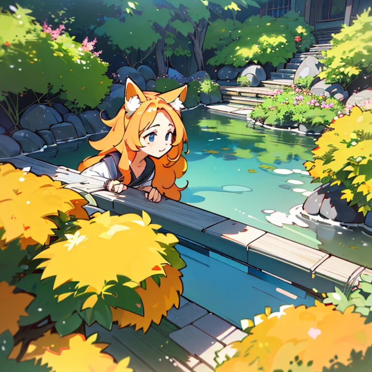 (best quality,4k,8k,highres,masterpiece:1.2),ultra-detailed,(realistic,photorealistic,photo-realistic:1.37),cute,solo girl with orange long wavy hair,blue eyes,fox ears,fluffy fox tail,summer time in Japan,beautiful garden scenery,lush greenery,colorful