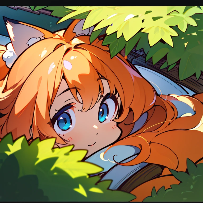 (best quality,4k,8k,highres,masterpiece:1.2),ultra-detailed,(realistic,photorealistic,photo-realistic:1.37),cute,solo girl with orange long wavy hair,blue eyes,fox ears,fluffy fox tail,summer time in Japan,beautiful garden scenery,lush greenery,colorful