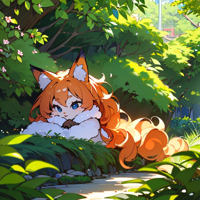 (best quality,4k,8k,highres,masterpiece:1.2),ultra-detailed,(realistic,photorealistic,photo-realistic:1.37),cute,solo girl with orange long wavy hair,blue eyes,fox ears,fluffy fox tail,summer time in Japan,beautiful garden scenery,lush greenery,colorful