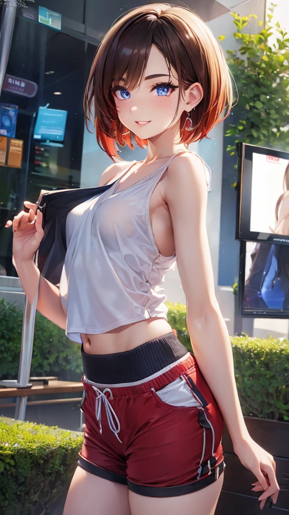 walk in the park, masterpiece, highest quality, (maximum resolution: 1.2), (Ultra HDTV: 1.2), cinematic light, Ultra HDTV, (detailed eyes and skin), (detailed facial features), 8K resolution, sharp focus: 1.2, perfect body, Anatomically correct, beautiful face, double eyelids, thin eyebrows, natural lip color, 25 years old lady, cheeks are red, slender body, small breasts, smile, pretty earrings, tanktop, short pants,
