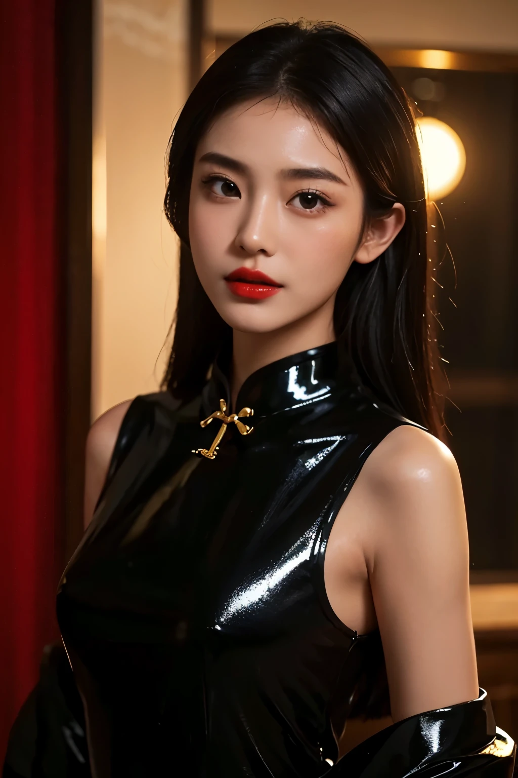 1 Girl,shrub,Girls Girls, Black cheongsam dress, Blunt, (masterpiece:1.4), (best quality:1.4), (Oily and shiny skin), Red lips, Looking at the audience, Large Breasts, Cleft lip, Upper Body,