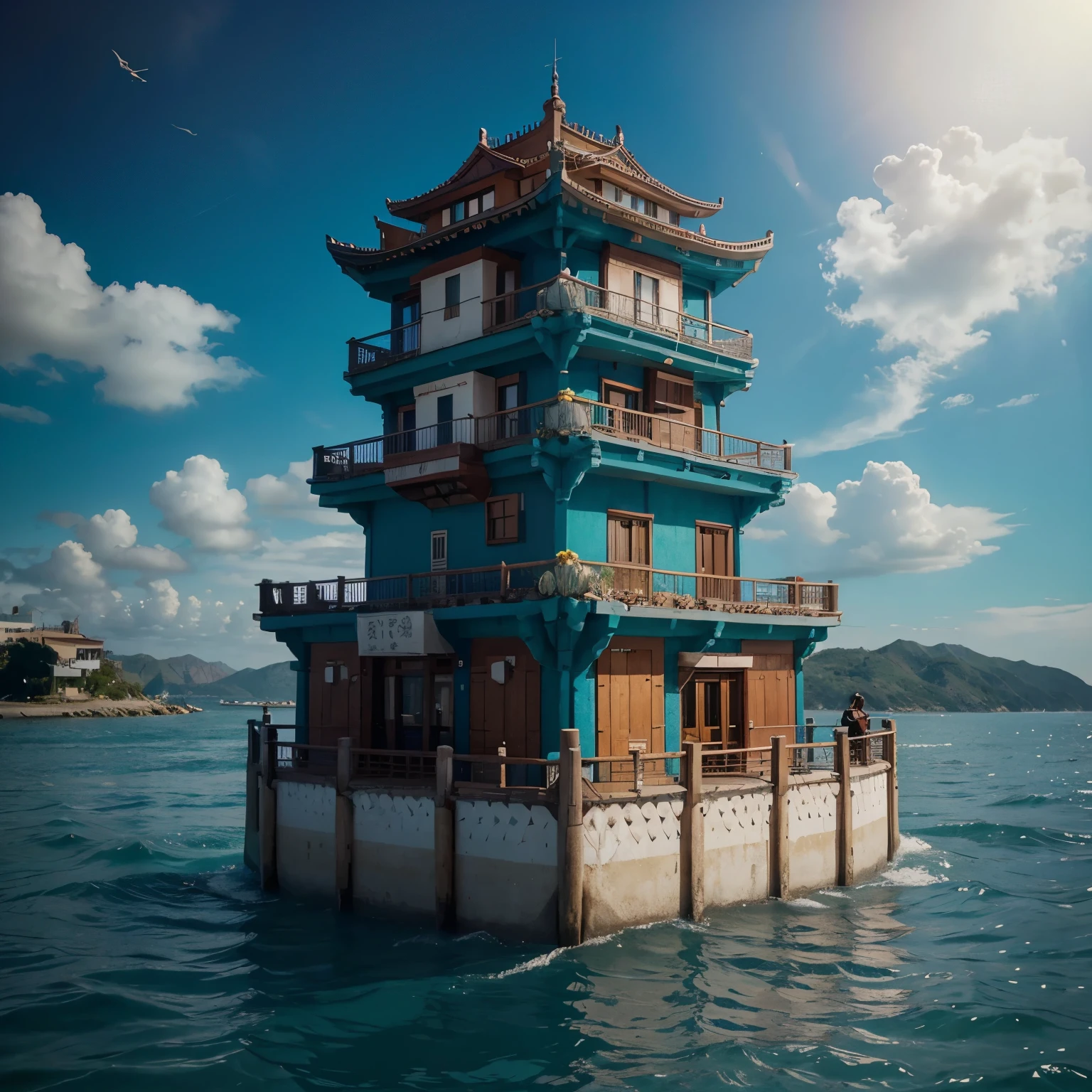 Color (fancy: 1.2), (Al estilo Hayao Miyazaki), (edificio irregular flotando en el mar), mosaic huts, decoraciones florales, luces, arte conceptual inspirado en Andreas Rocha, Ganador del concurso Artstation, fancy art, (ciudad submarina), Rosa Tran, Ejes de luz, Realistic lighting, Obra maestra, alta calidad, Beautiful graphics, Alto detalle, Obra maestra, alta calidad, Beautiful graphics, Alto detalle, --v6