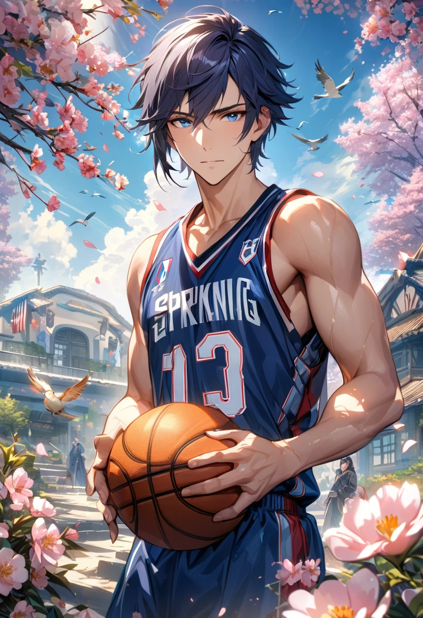 absurdres, highres, ultra detailed, HDR, masterpiece, extremely detailed face and eyes, Chrom, dark blue hair, short hair, expressive blue eyes, Fire Emblem Awakening, solo, sexy man, handsome, basketball uniform, spring, blossoms, petals, birds