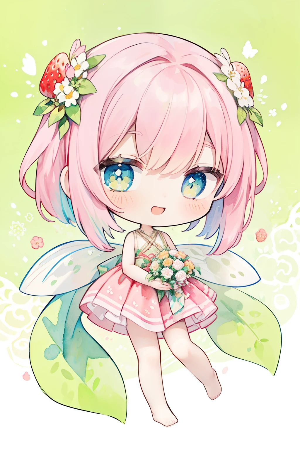 chibi:1.3,Realistic Lines、Strawberry studded background:1.3、(PastelColors:1.3)、(Cute illustration:1.3)、(watercolor paiting:1.1)、
Detailed background、1girl in、Smile with open mouth、Beautifully detailed、Moya、colourfull、marble、Particles of light、patterns、
Detailed drawing、Vibrant colors、striking contrast、intricate detailes、Delicate depiction、Luminescent、full body Esbian、From the side、Beautiful facial features、Brightly colored eyes、Wearing intricate and delicate ornaments、glowing aura、Radiant hair,Illuminated by the morning light、Summer wreath on background、Pale yellow-green background、Fairy with a bouquet of flowers、Fancy Fairy、A pink-haired