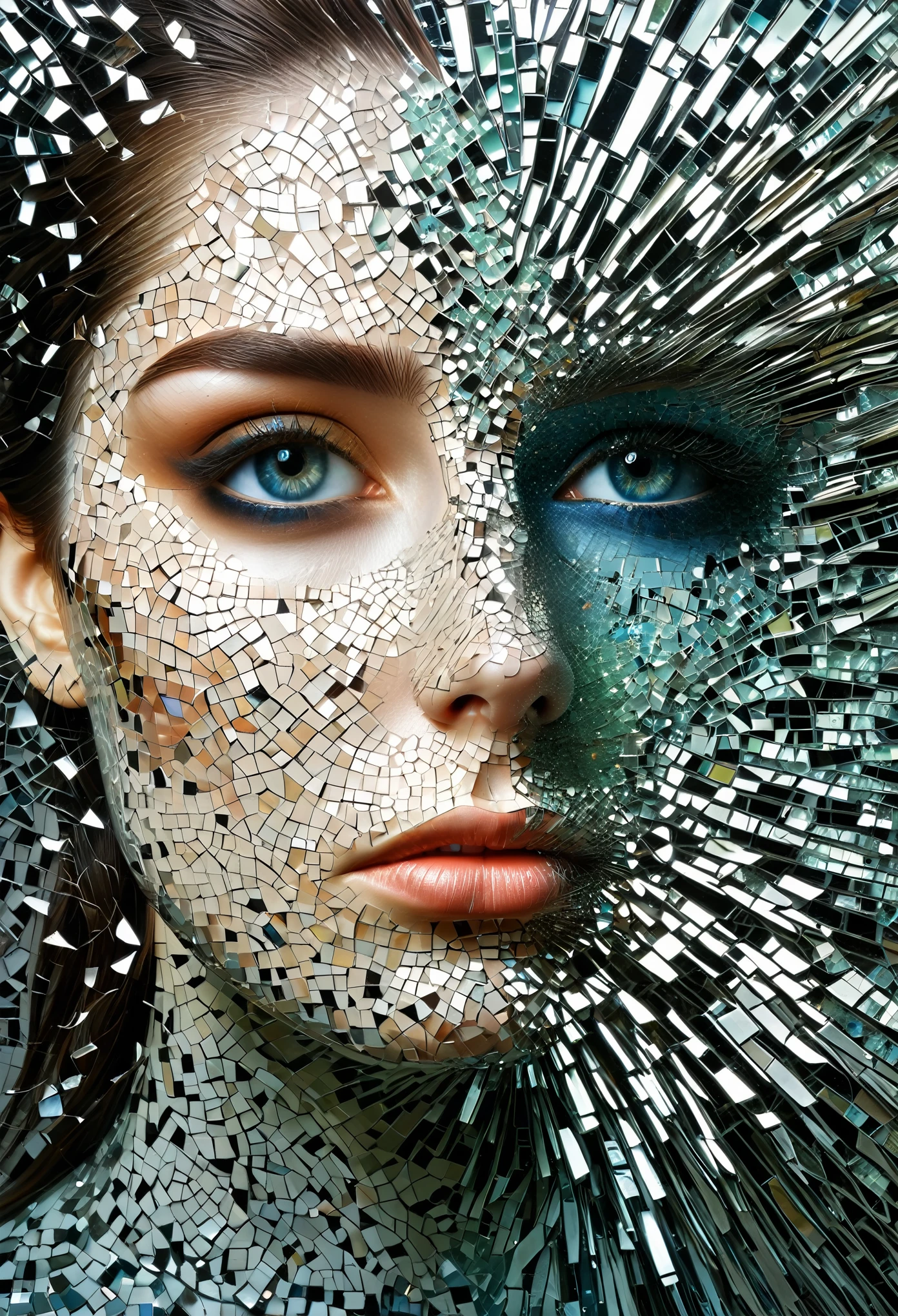 A mosaic of shattered mirrors reflects fractured identities, exploring the complexities of self-perception.