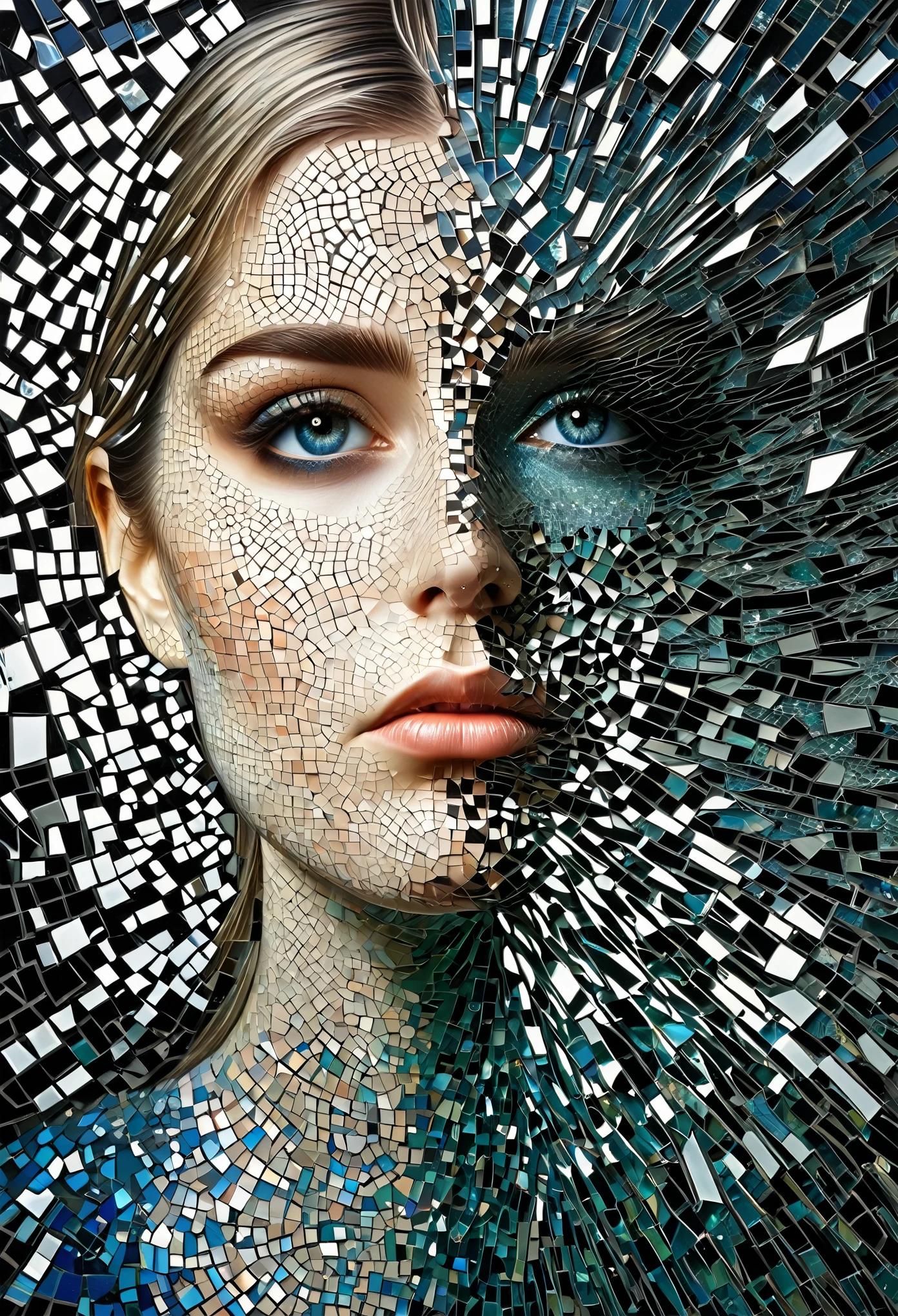 A mosaic of shattered mirrors reflects fractured identities, exploring the complexities of self-perception.