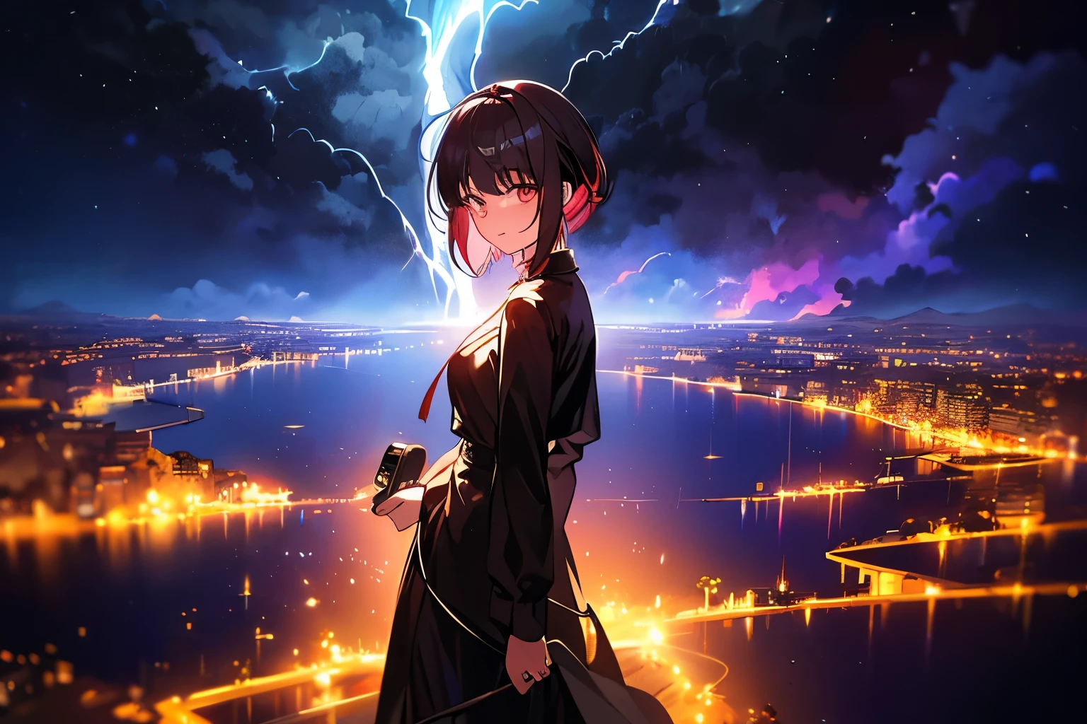 The image shows Nanashi Mumei alone at night in Venezuela, observing the famous phenomenon known as Catatumbo lightning in the distance. She is dressed in a tourist outfit and has a camera to capture the rather wonderful phenomenon. In the picture, lightning can be seen lighting up the night sky as she Nanashi Mumei watches in fascination. The environment is detailed with an impressive recreation of the nocturnal nature of the Zulia state. Everything is animated and the quality is 16k which makes for a stunning and vibrant image.