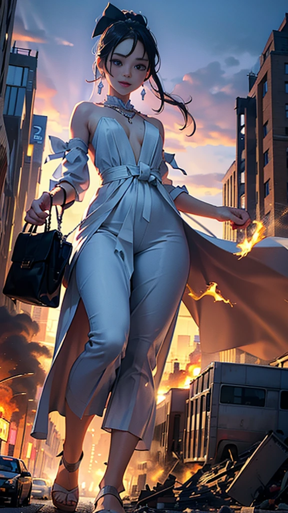 (16k, High resolution, highest quality, masterpiece, 超High resolution), ((Giantess Elements, From below)), Perfect dynamic composition:1.2, (Modern city at night), Highly detailed skin and facial textures:1.2, (Towering Giant Young Woman:1.0, Higher than skyscrapers:1.0, 50,000 feet tall:1.0, Incredibly slim body:1.0), smile, Fair skin, Sexy beauty, Very beautiful face, (近づいてくる女性をFrom below見上げる), (White wide leg jumpsuit:1.0), Shapely breasts, Chest gap, Big eyes that exude beautiful eroticism, Lips that exude beautiful eroticism, necklace, Earrings, bracelet, wedding ring, Shoulder bag, clock, ribbon, Full body portrait, ((Destroy a small town, Burning Small Town, rubble, Destroyed small building, Collapsed highway, Evacuated Residents)), (Major impact, Emphasizing the majesty and power of giants, Increase the destructive element, Making cities smaller)