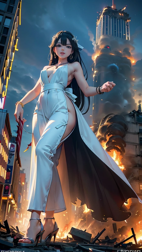 (16k, High resolution, highest quality, masterpiece, 超High resolution), ((Giantess Elements, From below)), Perfect dynamic composition:1.2, (Modern city at night), Highly detailed skin and facial textures:1.2, (Towering Giant Young Woman:1.0, Higher than skyscrapers:1.0, 50,000 feet tall:1.0, Incredibly slim body:1.0), smile, Fair skin, Sexy beauty, Very beautiful face, (近づいてくる女性をFrom below見上げる), (White wide leg jumpsuit:1.0), Shapely breasts, Chest gap, Big eyes that exude beautiful eroticism, Lips that exude beautiful eroticism, necklace, Earrings, bracelet, wedding ring, Shoulder bag, clock, ribbon, Full body portrait, ((Destroy a small town, Burning Small Town, rubble, Destroyed small building, Collapsed highway, Evacuated Residents)), (Major impact, Emphasizing the majesty and power of giants, Increase the destructive element, Making cities smaller)