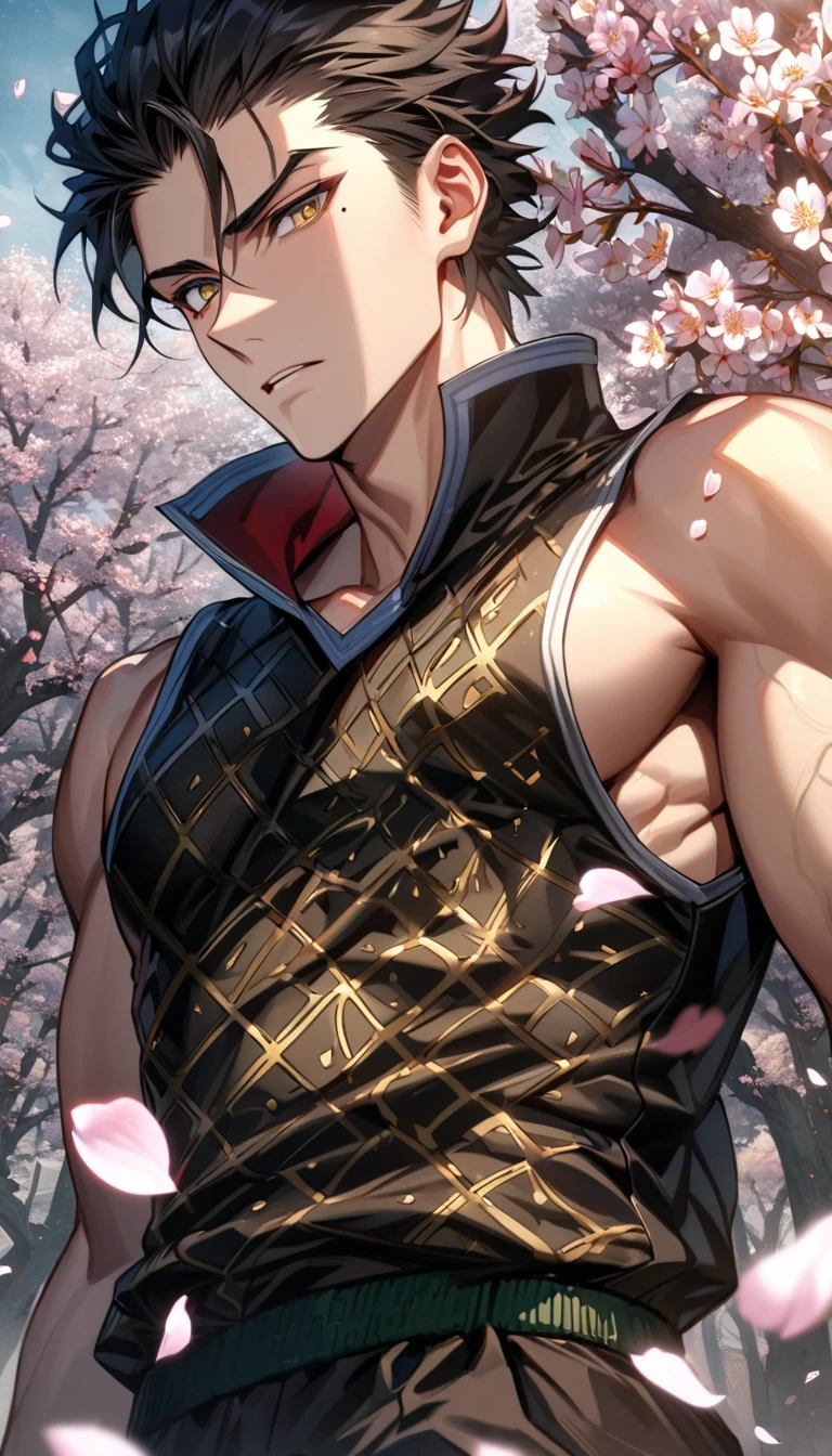 absurdres, highres, ultra detailed, HDR, master piece, best quality, Quincy, black hair, messy hair, expressive red eyes, Jujutsu Kaisen, solo, sexy man, handsome, horny, lewd, black hat, fantasy black pirate clothes, accessories, showing the chest, beach, sea, petals, flowers, Nu Carnival