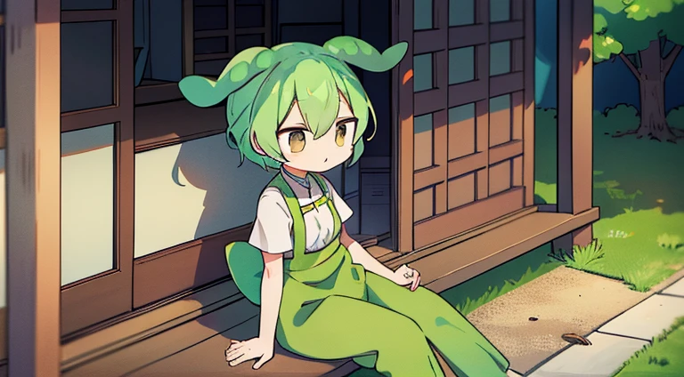 Zundamon、Eating zunda mochi while sitting on the veranda of a house Clothing short sleeve dress shirt、Trousers yellow-green Short trousers girl