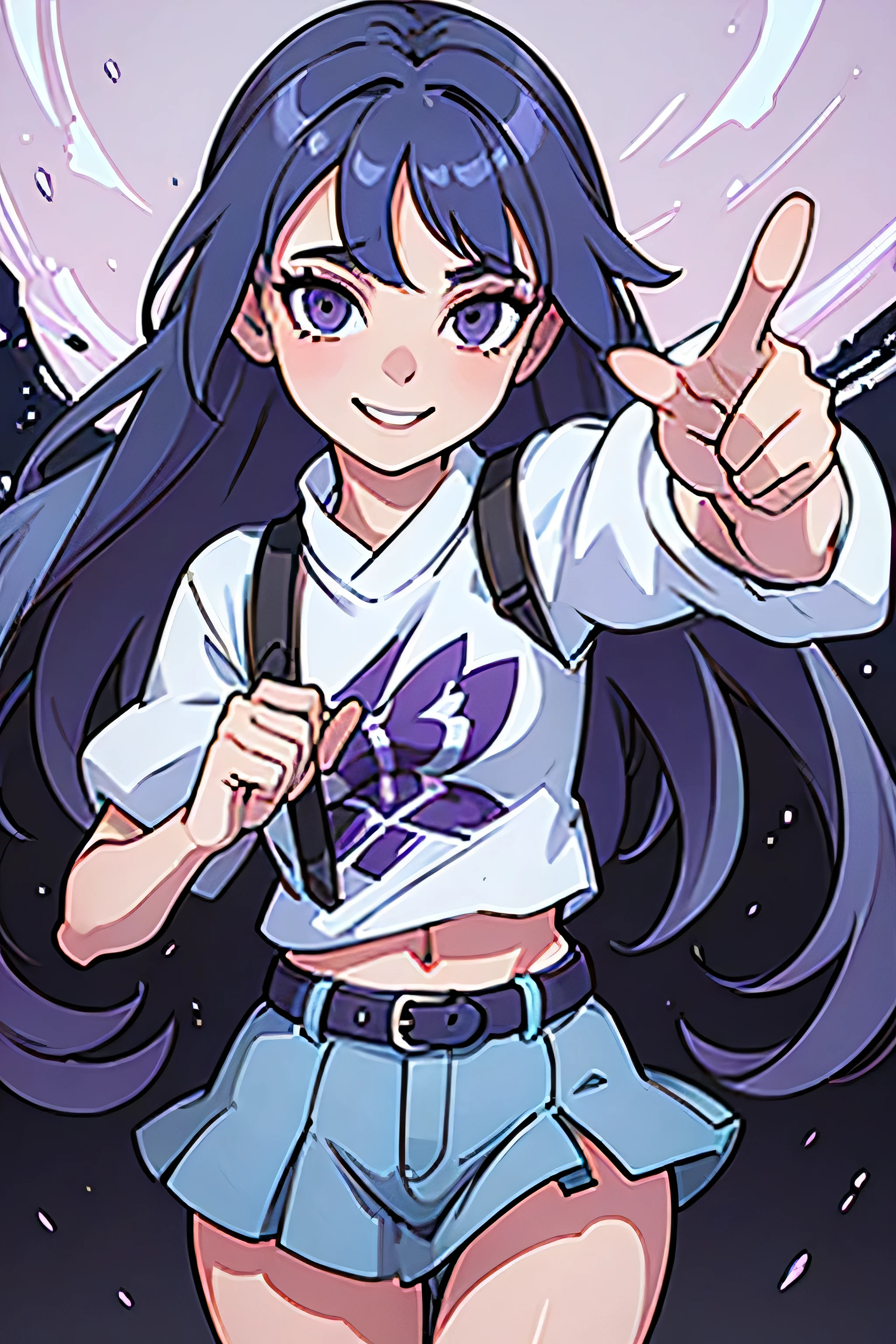 1girl, blue hair, purple eyes, idol girl, smiling, holding mic, pointing forward, high res, ultrasharp, 8K, masterpiece, landscape