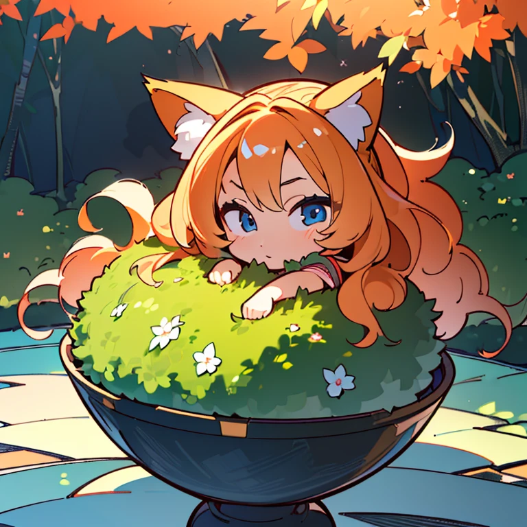 (best quality,4k,8k,highres,masterpiece:1.2),ultra-detailed,(realistic,photorealistic,photo-realistic:1.37),cute,solo girl with orange long wavy hair,blue eyes,fox ears,fluffy fox tail,summer time in Japan,beautiful garden scenery,lush greenery,colorful