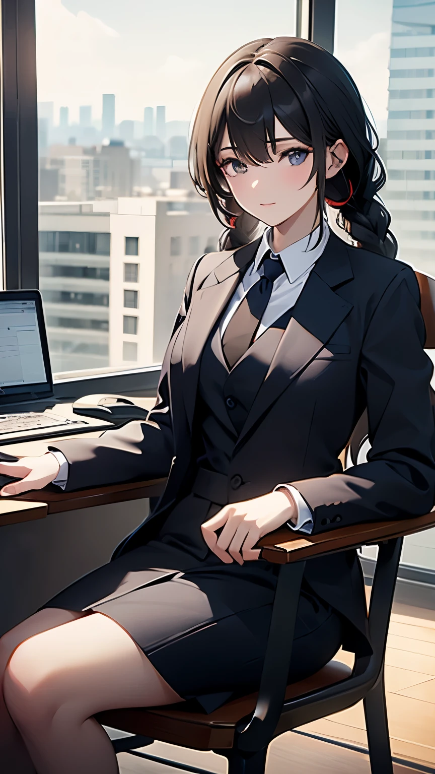 ((masterpiece)), (textured skin), ((high details)), best quality, award winning, 8k, ((beautiful woman)), beautiful lady in male clothing, (gray suit, tie), white shirt, (three-piece suit), black hair, swept bangs, long hair, twin braids, at office, sitting on a chair , working at a desk