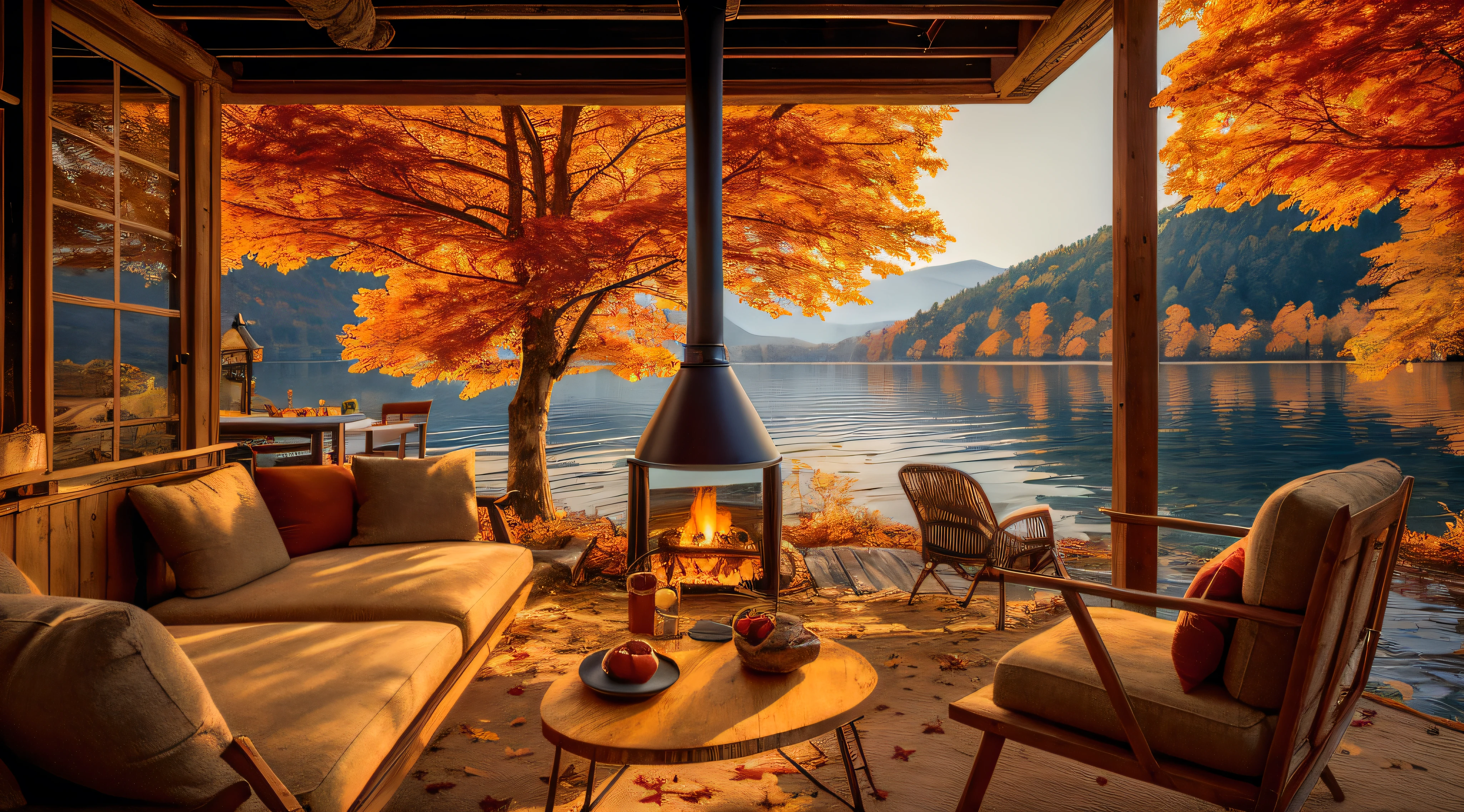 faire pivoter l&#39;image,open view of a living room with fireplace and lake, beautiful warm scene, automne tranquility, environnement relaxant, Endroit confortable, Beautiful, detailed scene, le tout dans une vue imprenable sur l&#39;outside, Endroit magnifique, in the automne, beautiful nature in the background, during automne, maison au bord du lac, warm cosy couleurs, in a picturesque setting, automne season, environnement paisible, automne! couleurs