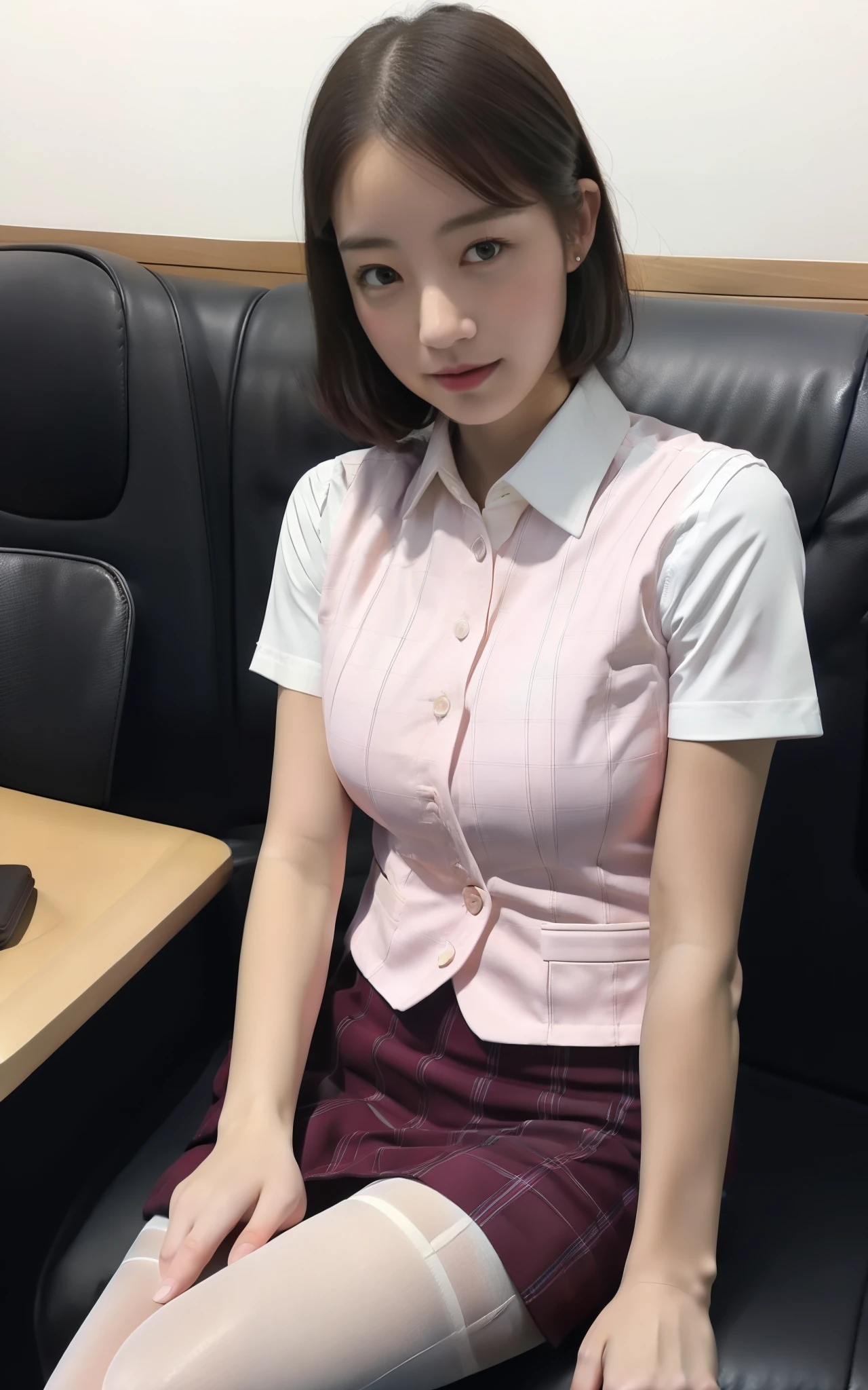 masterpiece, best quality, realistic, 1girl,solo,25 years old,plaid vest, pink skirt,white shirt,short sleeves, sitting on fluffy leather coach,black pantyhose,office-lady