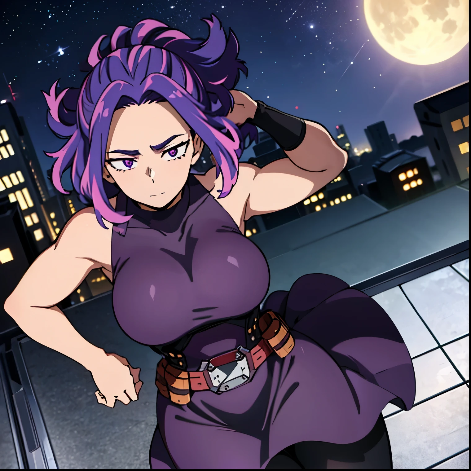 1 girl, alone, lady nagant, purple hair, boku no hero academia, (tight black dress), sleeveless dress, purple hair, (multicolored hair), (purple eyes), from behind, looking at viewer, from behind, pov (from below), large breasts, medium waist, wide hips, medium thighs, round butt, tights, perfect hands, perfect anatomy,roof of building, night, moon, belt, black stockings, curvy body