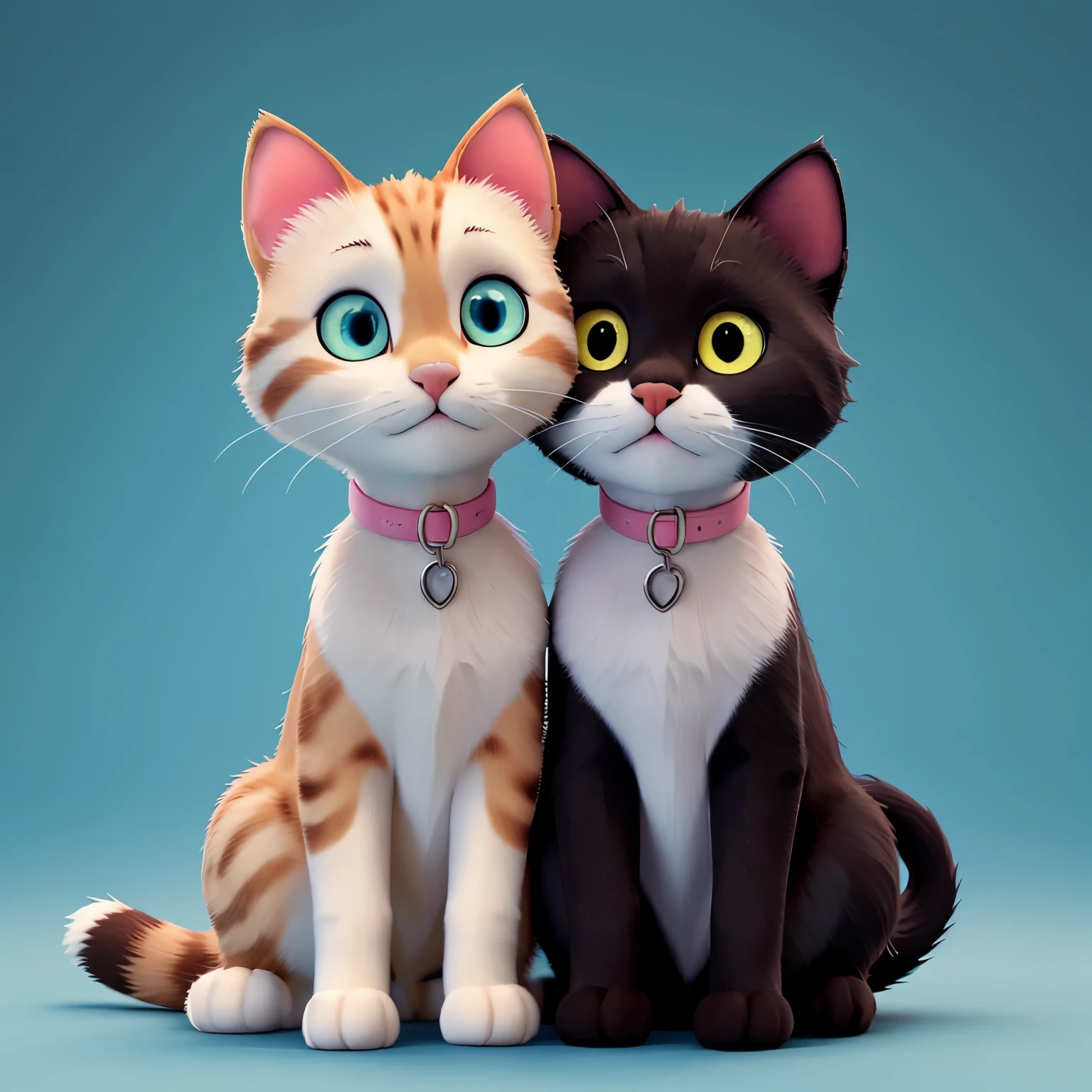 Black kitten with yellow eyes hugging a white and brown cat with blue eyes and a pink nose.