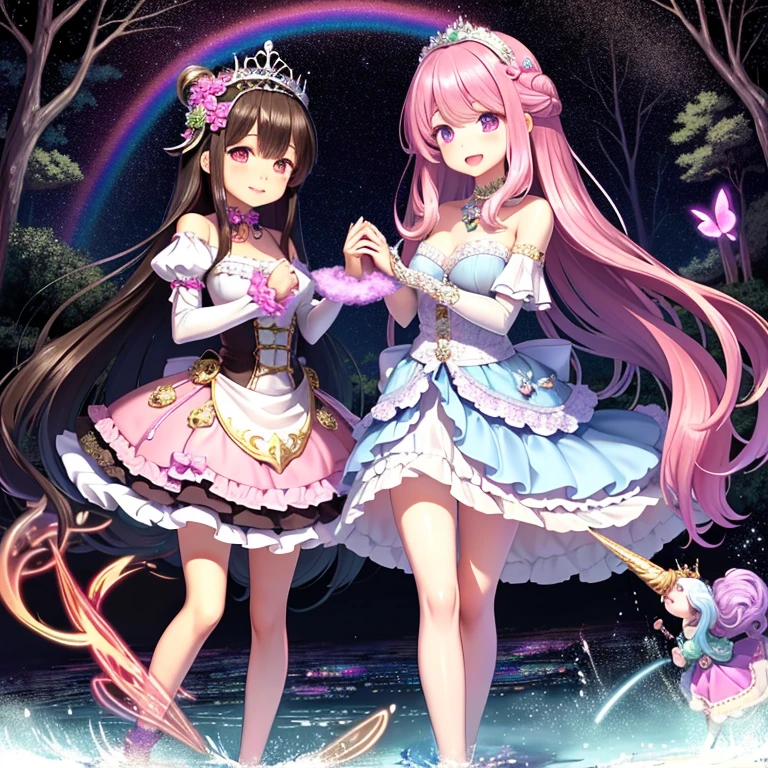 Highest quality,A colorful fantasy world,Two beautiful women walking hand in hand,Ai Fukuhara,Pink Dress,long hair of dark purple color,Flower crown,Large breasts,Rainbow Road,Iridescent tree々,A sparkling river flows,A unicorn is running around in the background,Fairies flying in the background,Black-haired beauty