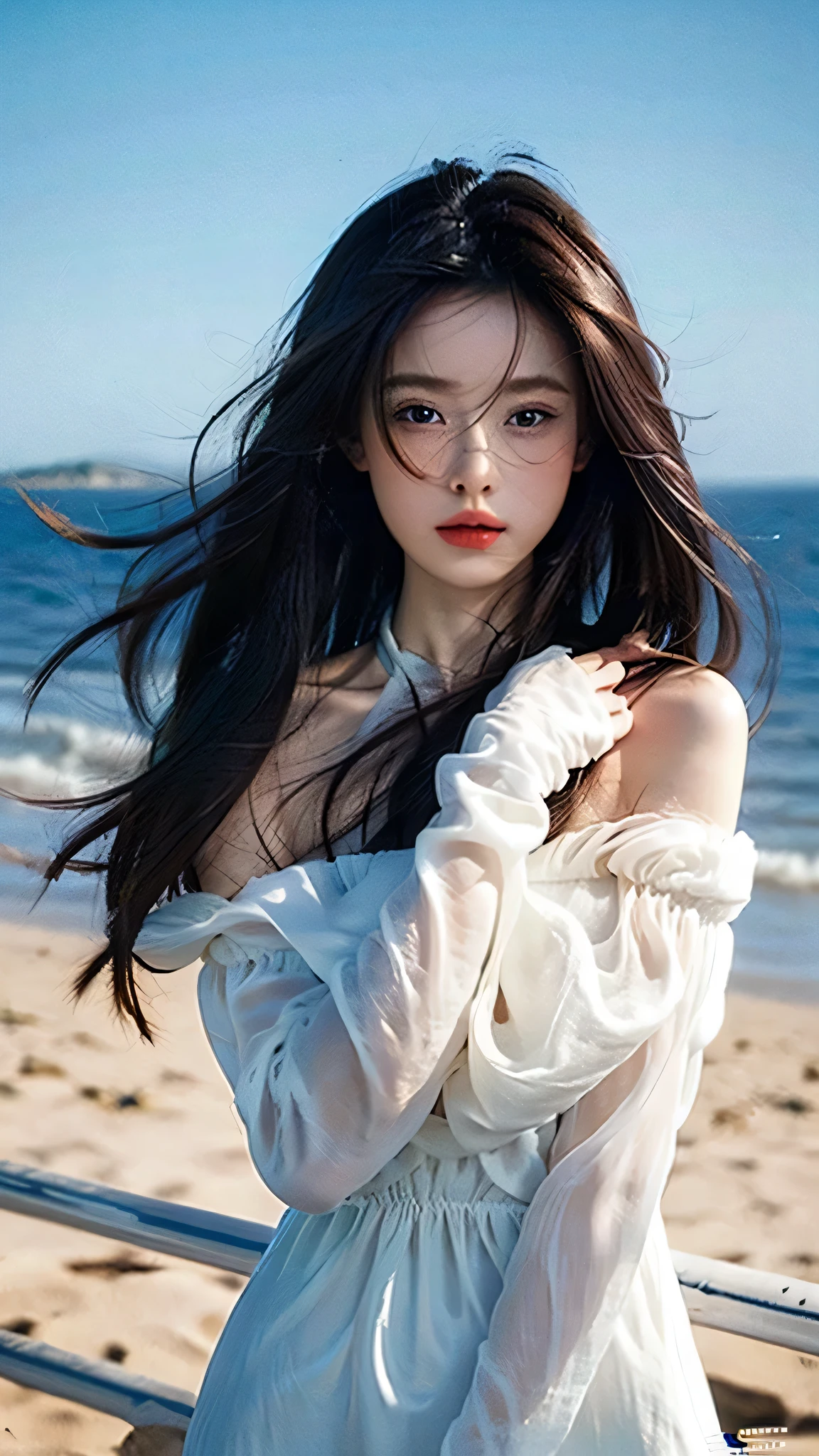 (masterpiece:1.2), best quality, high resolution, unified 8k wallpaper, (illustrexistion:1.0), Beautiful and delicate eyes, extremely delicate face, perfect lighting, Extremely detailed CG,
1 girl, Black_Eye, Black_hair, blue_background, blue_Sky, Brown_Eye, Brown_hair, sky, Keep, lips, long_hair, watching_exist_audience, nose, ocean, outdoor, photoactual, actual, Red_lips, Sky, alone, superior_Body, long_sleeve, sweexister, sleeve_past_wrist, wind, white_sweexister
