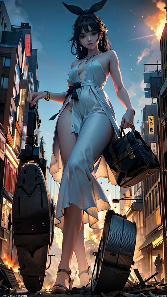 (16k, High resolution, highest quality, masterpiece, 超High resolution), ((Giantess Elements, From below)), Perfect dynamic composition:1.2, (Modern city at night), Highly detailed skin and facial textures:1.2, (Towering Giant Young Woman:1.0, Higher than skyscrapers:1.0, 50,000 feet tall:1.0, Incredibly slim body:1.0), smile, Fair skin, Sexy beauty, Very beautiful face, (近づいてくる女性をFrom below見上げる), (White wide leg jumpsuit:1.0), Shapely breasts, Chest gap, Big eyes that exude beautiful eroticism, Lips that exude beautiful eroticism, necklace, Earrings, bracelet, wedding ring, Shoulder bag, clock, ribbon, Full body portrait, ((Destroy a small town, Burning Small Town, rubble, Destroyed small building, Collapsed highway, Evacuated Residents)), (Major impact, Emphasizing the majesty and power of giants, Increase the destructive element, Making cities smaller)