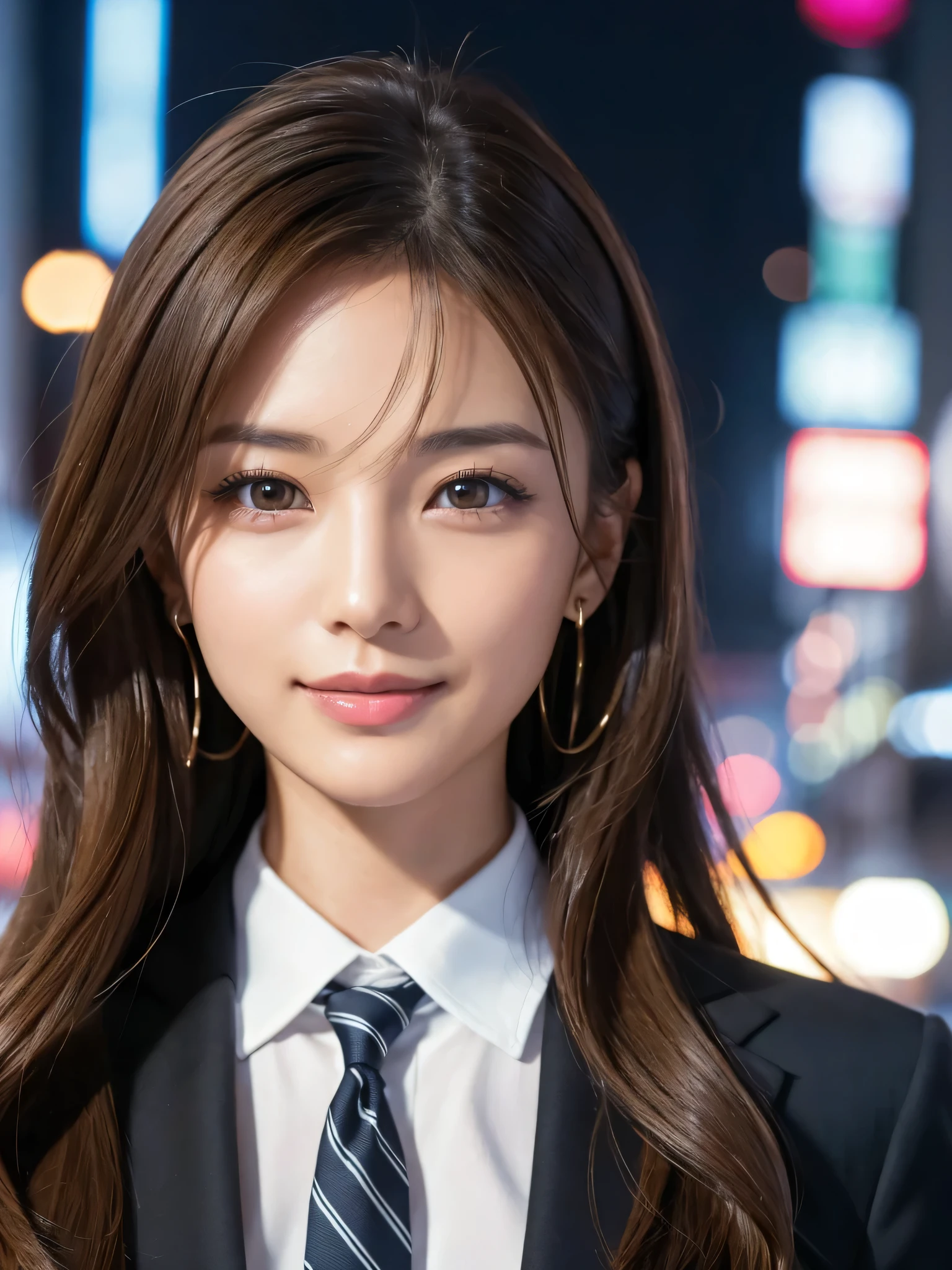 table top、highest quality、genuine、Super detailed、finely、High resolution、8k wallpaper、one beautiful woman、、、light brown disheveled hair、wearing a business suit、sharp focus、perfect dynamic composition、beautiful and detailed eyes、thin hair、Detailed genuine skin texture、smile、close-up portrait、model body shape、In Tokyo at night、