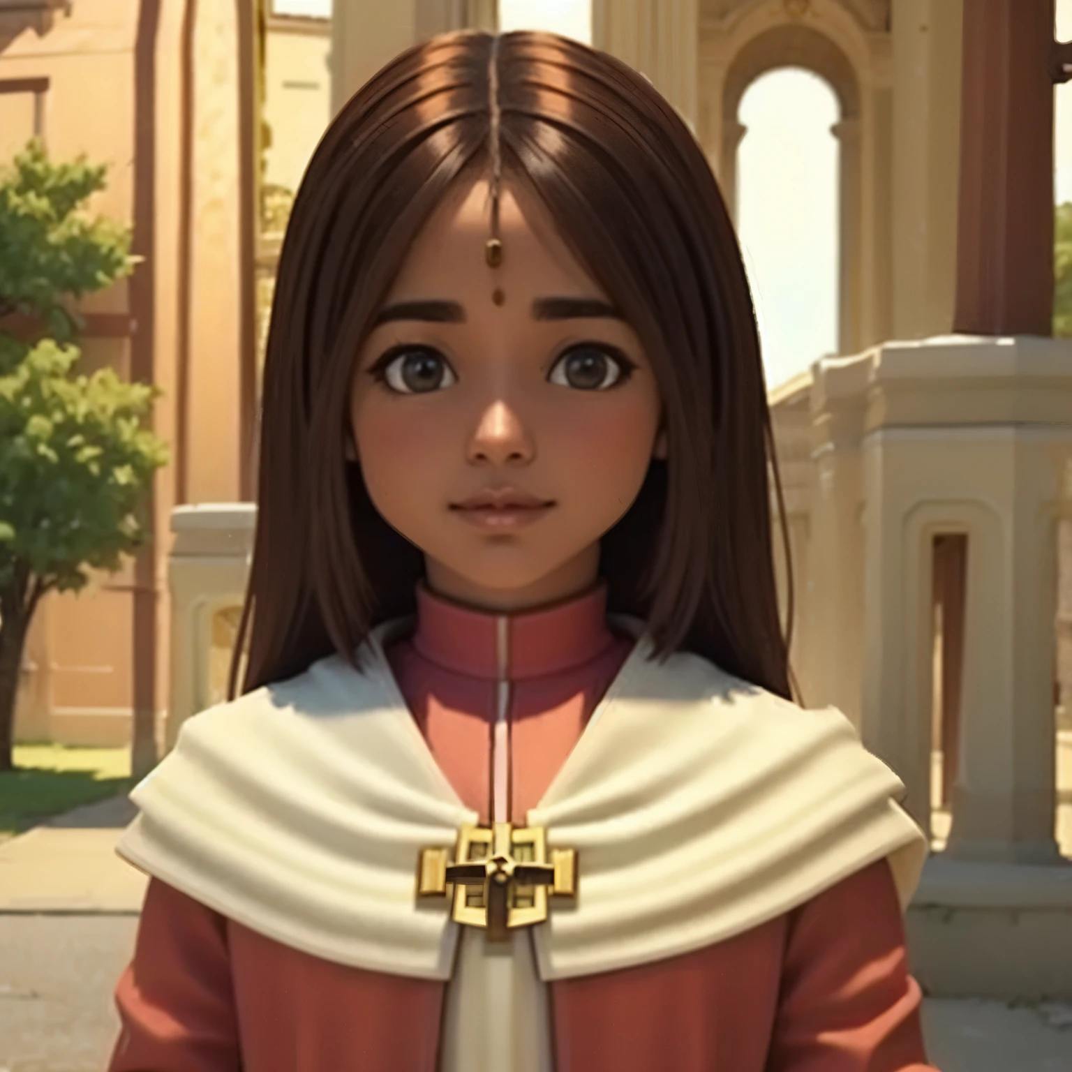 A beautiful girl with brown skin and brown hair, dressed as a priest, is depicted in a portrait style painting. The image is of the highest quality, with a resolution of 4k and ultra-detailed features. The colors are vivid and the focus of the image is sharp, adding to the realistic depiction. The lighting is soft, creating a warm tone throughout the scene.