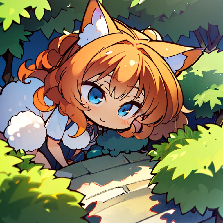 (best quality,4k,8k,highres,masterpiece:1.2),ultra-detailed,(realistic,photorealistic,photo-realistic:1.37),cute,solo girl with orange long wavy hair,blue eyes,fox ears,fluffy fox tail,summer time in Japan,beautiful garden scenery,lush greenery,colorful