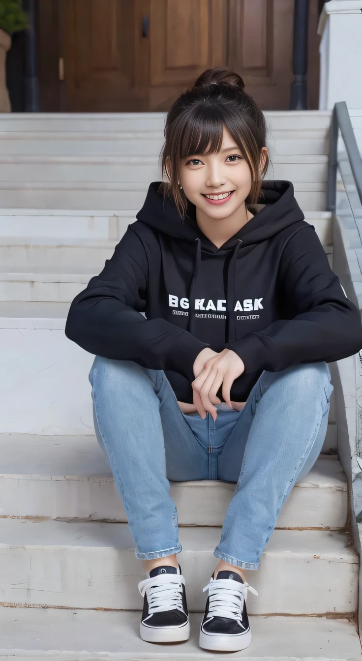 highest quality, Realistic, Very detailed, Finer details, High resolution, 8k wallpaper, One beautiful woman,Sit on the stairs、（Wear black socks）smile、（Beautiful teeth alignment、）（Gums are visible） Oversized hoodie, Skinny jeans,（ Black sneakers）、Black Hair、 Beautiful Bangs、ear piercing、Perfect dynamic composition, Beautiful and detailed, Full Body Shot, A big smile
