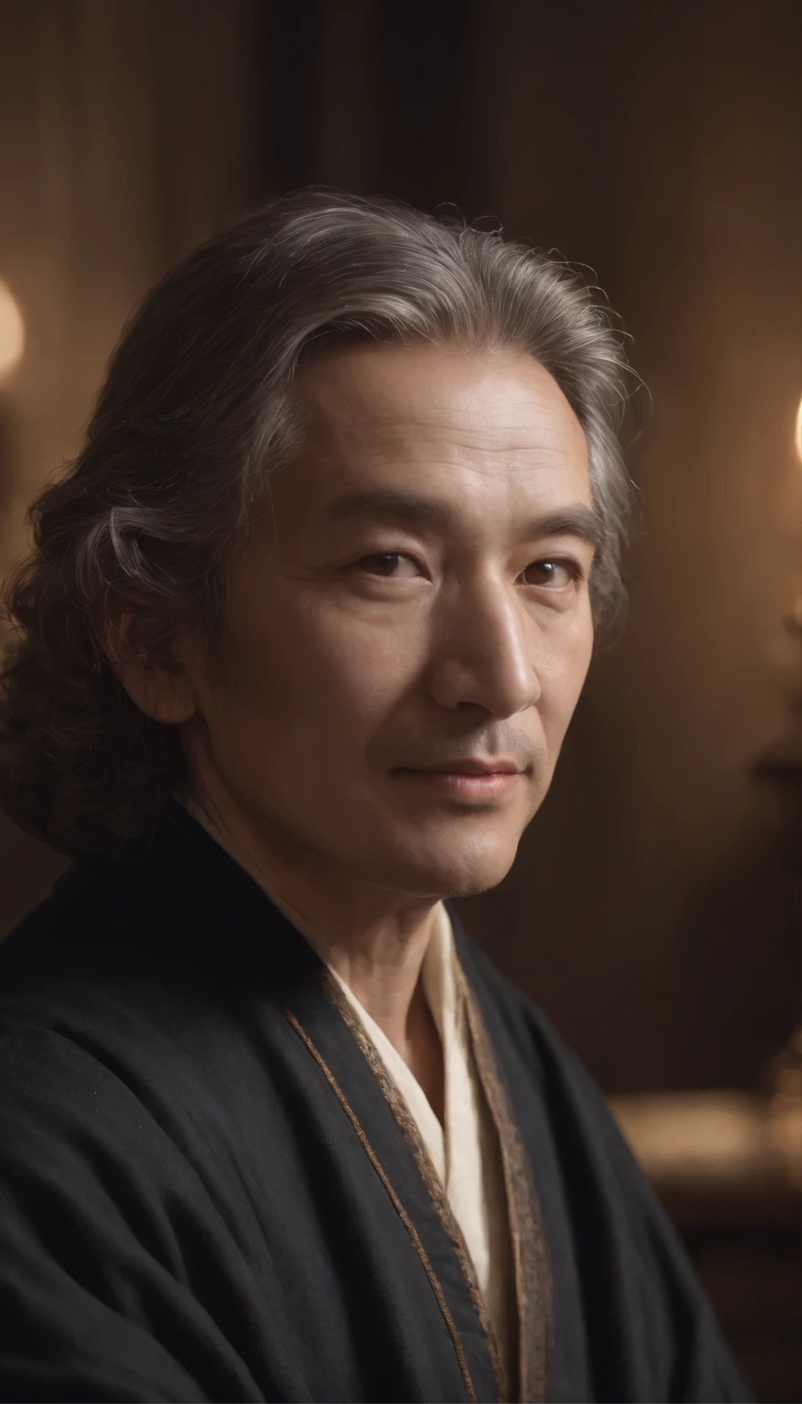 Photo of a 40 year old man、Christian pastor((model))teeth、Think deeply、Sit facing forward、Hazel eyes sparkling with wisdom、His Hall々Wavy hair framing a clean, elegant face、Parit perfectly accentuates his figure(Robe)Wearing、彼の表情teeth催眠術のように魅惑的で、Highly detailed face with subtle wrinkles、Beautiful eyes that reflect a warm and caring spirit、 With a beautiful bookshelf in the background、Holding a book that looks like a Bible、Rembrandt lighting、Shot with a Zeiss lens、Ultra-Realistic Rendering、8K UHD resolution、Digital SLR Technology、dramatic