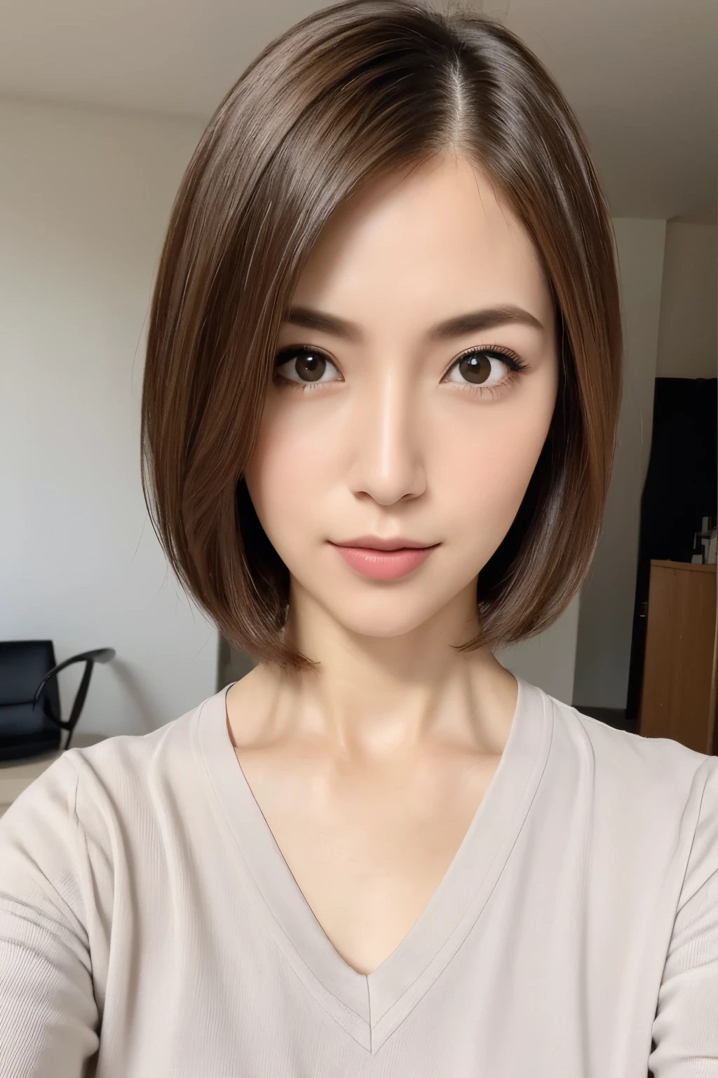 highest quality, 8k, masterpiece, One girl, Stylish Japanese women, Random Hairstyles, Shapely medium breasts, short hair, Casual clothing, indoor, short hair, Highly detailed face, Fine grain, double eyelid, View your viewers, V-neck shirt