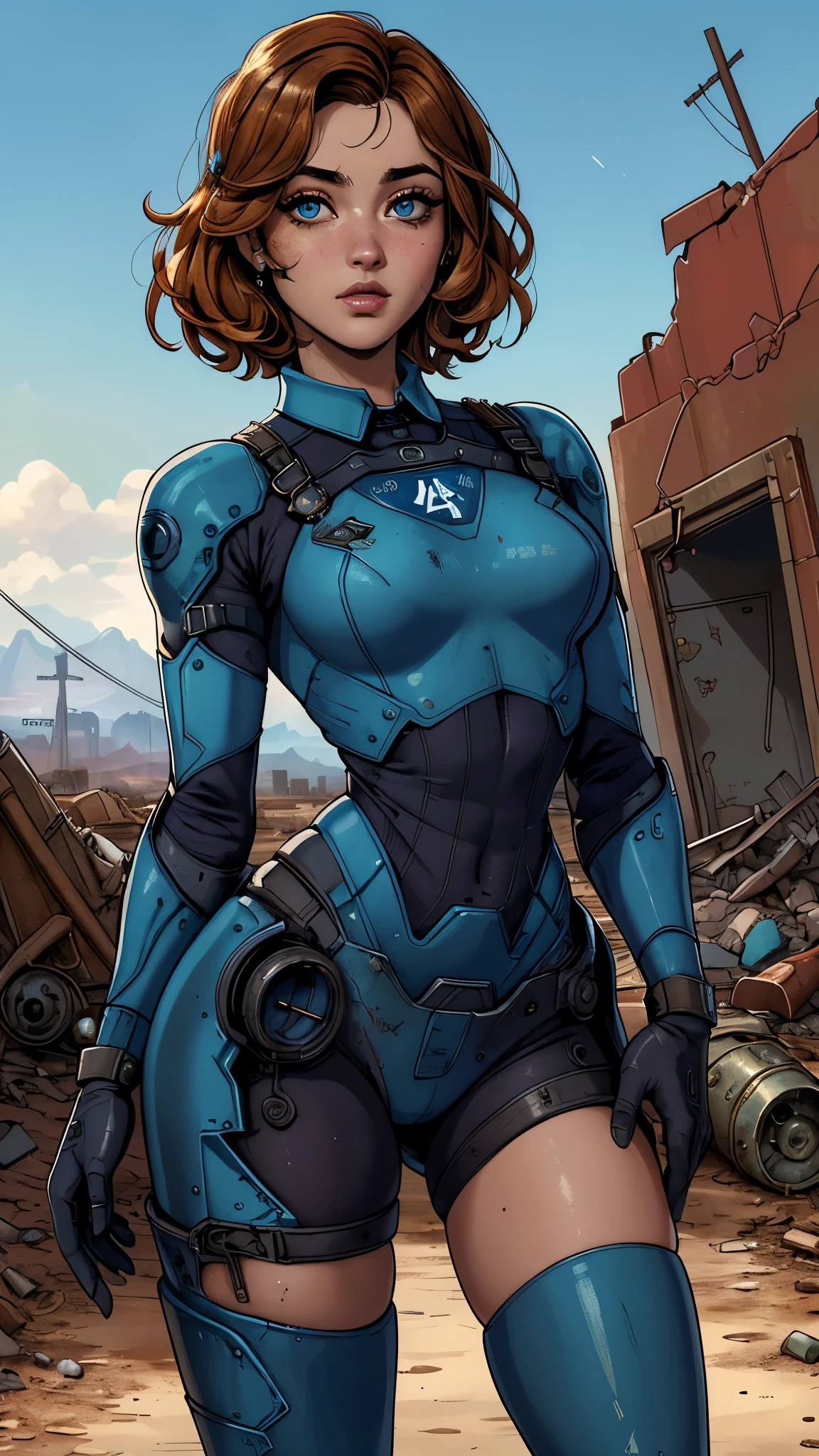 (La mejor calidad,A high resolution,Ultra - detallado,actual),Ella Purnell linda y nerd, (Ingrid Bergman:Gillian Jacobs:0.5), pelo negro ondulado atado en una cola de caballo, (wearing a blue vault suit from Fallout 4 with lots of details and slits), Cara de alto detalle, Piel de alto detalle, seductive expression, cuerpo perfecto, proporciones perfectas, a nuclear wasteland background with scattered ruins, alta calidad, Obra maestra, foto realista, intrincadamente detallado, 8k, hdr, poca profundidad de campo, Luz amplia, alto contraste, Iluminar desde el fondo, Sharp focus, Foto en color crudo, mirando a la camara, colores frios, dynamic poses, (al estilo de Fallout 4:1.4) , (Detalles de la cara: 1.5, ojos azules brillantes, hermoso rostro, ojos bonitos, Iris lining, labios delgados: 1.5, delgado, pale and sharp eyebrows, Largo, dark eyelashes, double eyelashes),(Ella Purnell:1.4), (Ella Purnell V2.1), (Fallout V2.1)