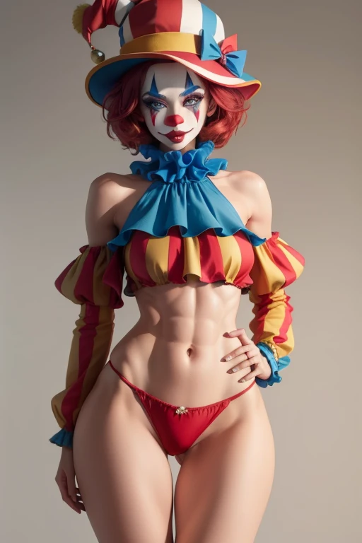 A full body photo shows a woman, harlequin hat, clown makeup, red clown nose, blue eyes, muscular body, clown,🤡,small shoulder, slim waist, wide hips, thick legs wearing a colorful top and red panties, back view