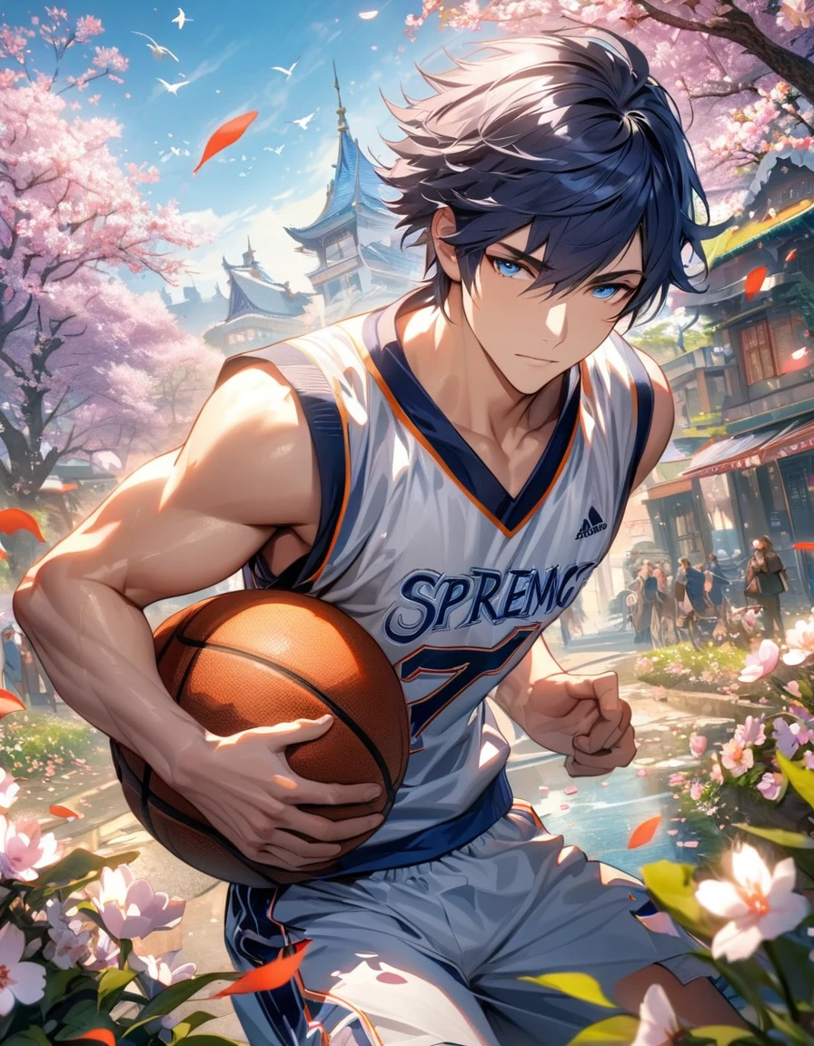 absurdres, highres, ultra detailed, HDR, masterpiece, extremely detailed face and eyes, Chrom, dark blue hair, short hair, expressive blue eyes, Fire Emblem Awakening, solo, sexy man, handsome, basketball uniform, spring, blossoms, petals, birds