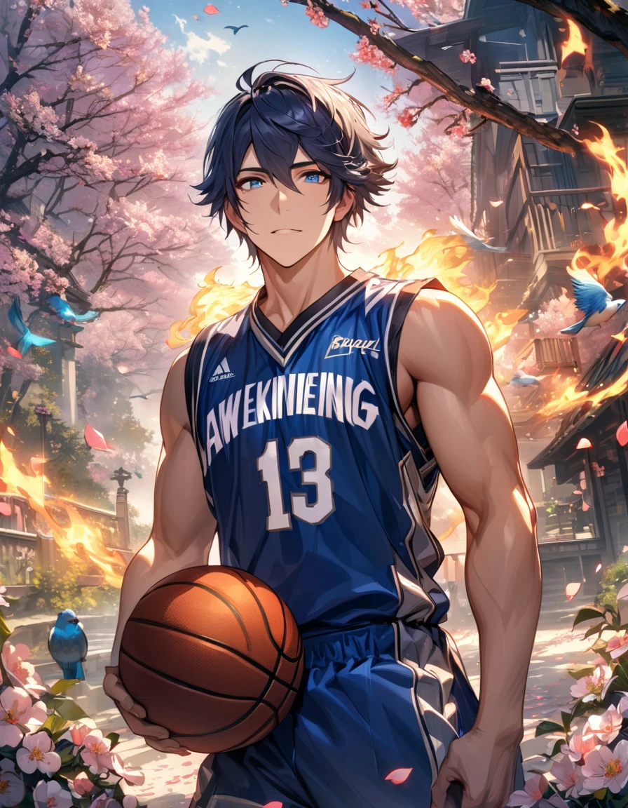 absurdres, highres, ultra detailed, HDR, masterpiece, extremely detailed face and eyes, Chrom, dark blue hair, short hair, expressive blue eyes, Fire Emblem Awakening, solo, sexy man, handsome, basketball uniform, spring, blossoms, petals, birds