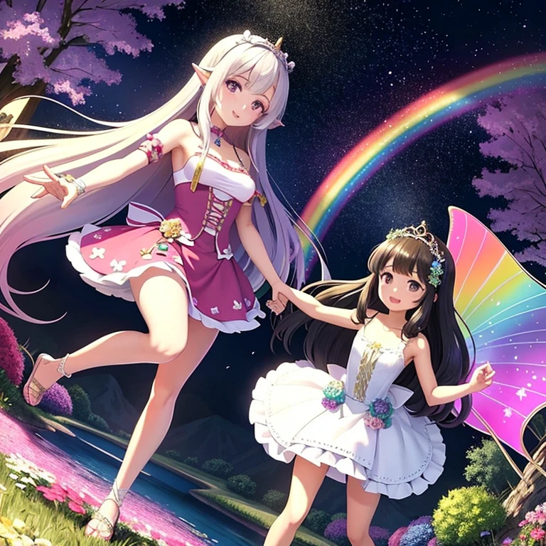 Highest quality,A colorful fantasy world,Two beautiful women walking hand in hand,Ai Fukuhara,Pink Dress,long hair of dark purple color,Flower crown,Large breasts,Rainbow Road,Iridescent tree々,A sparkling river flows,A unicorn is running around in the background,Fairies flying in the background,Black-haired beauty
