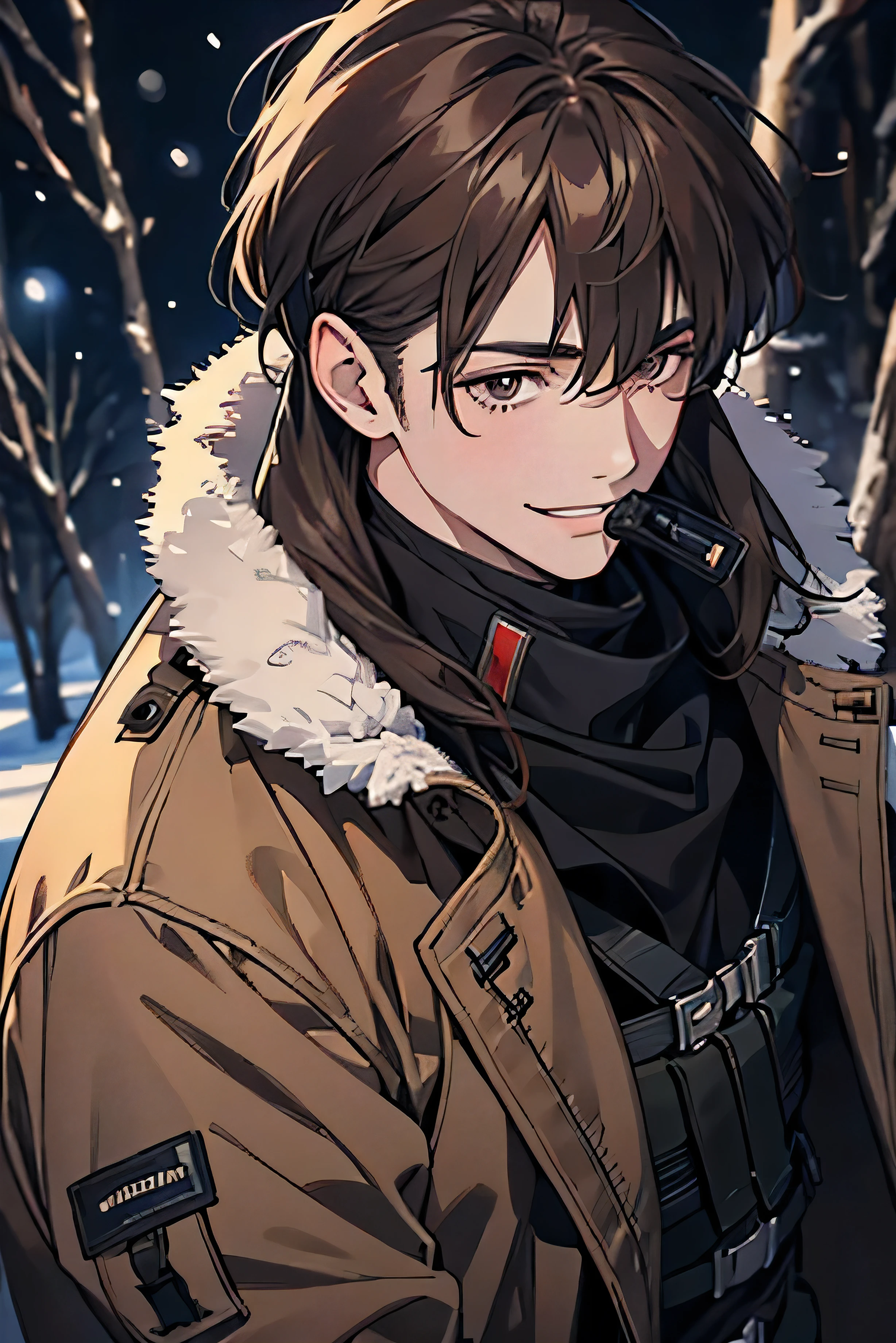 brown hair,wearing special forces uniform,Winter background,staring straight ahead,very high quality,black eye.male,christmas,Wearing a long coat,He's smiling with his mouth open