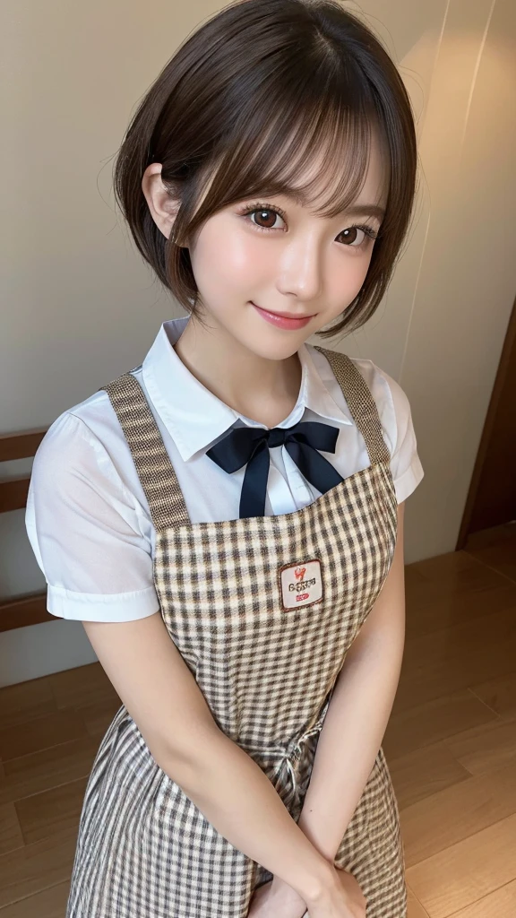 (top-quality,8K picture quality,​masterpiece:1.3,),(超A high resolution:1.3,Photorealsitic:1.4,Raw photography:1.2),(ultra-detailliert:1.2,shinny skin,Detailed skin:1.1),(Detailed face,Perfect Anatomy,Caustics:1.2),On the lawn,Sleep on your back,Overhead view,,1 girl,kawaii,japanes,22year old,Japanese ido,Natural brown hair,Curl short hair outward,Pretty eyes,natural make up,a smile,Looking at the camera,up on the face,Face Focus,Professional Lighting,natural soft light,Gingham Check Apron,Maid,indoor,On the bed