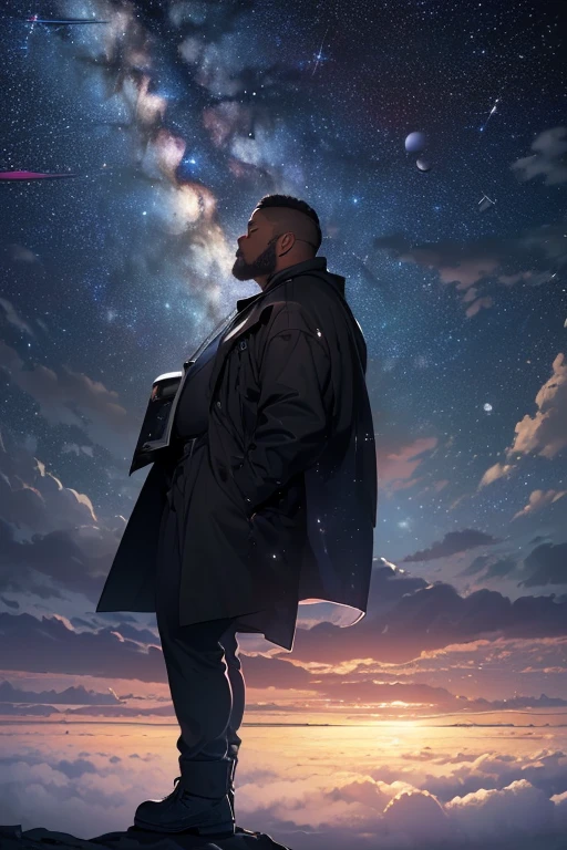 ((highres, best quality, 16k, masterpiece (A man looking at the different planets and stars in the night sky by standing at a high cliff surrounded by clouds (beautiful)))