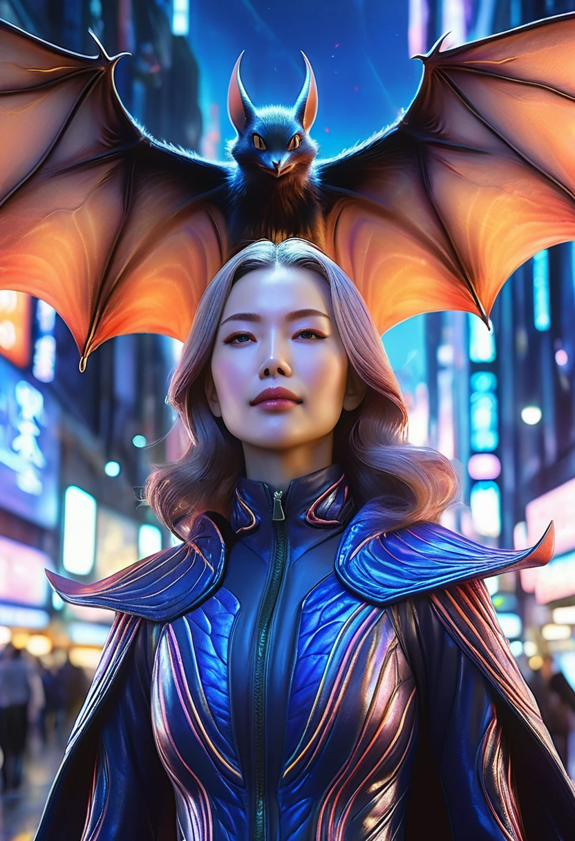 (best quality,4k,highres),(realistic,photorealistic:1.37),(Yoshitaka Amano style:1.1) A woman and her guardian familiar, mystical creature,otherworldly creature, bat-like, enchanting companions,wearing stylish futuristic clothes,inspired by Phantasy Star Online, lustful poses, (The woman, with her eyes brightly colored and her facial features elegantly detailed, adding to her allure. Dressed in elegant casual clothes with a stylish futuristic jacket.), (She is accompanied by a guardian, a bat-like kaiju with exquisite anatomical features. The creature's presence adds a sense of wonder and magic to the scene.), (The woman and her companion stand in a vibrant and bustling city, a modern metropolis with bustling streets, and vibrant signs. The colors are vibrant, with a mixture of blues, olive, and pale reds creating a dreamlike atmosphere.), (The lighting is soft but illuminating, casting a gentle glow on both the woman and the creature.), (The overall composition has a realistic and photorealistic quality, capturing the essence of the scene in intricate detail.), (The art style is inspired by Yoshitaka Amano, known for his ethereal and otherworldly illustrations. The combination of realistic elements with the artist's unique style creates a captivating and visually stunning image.)