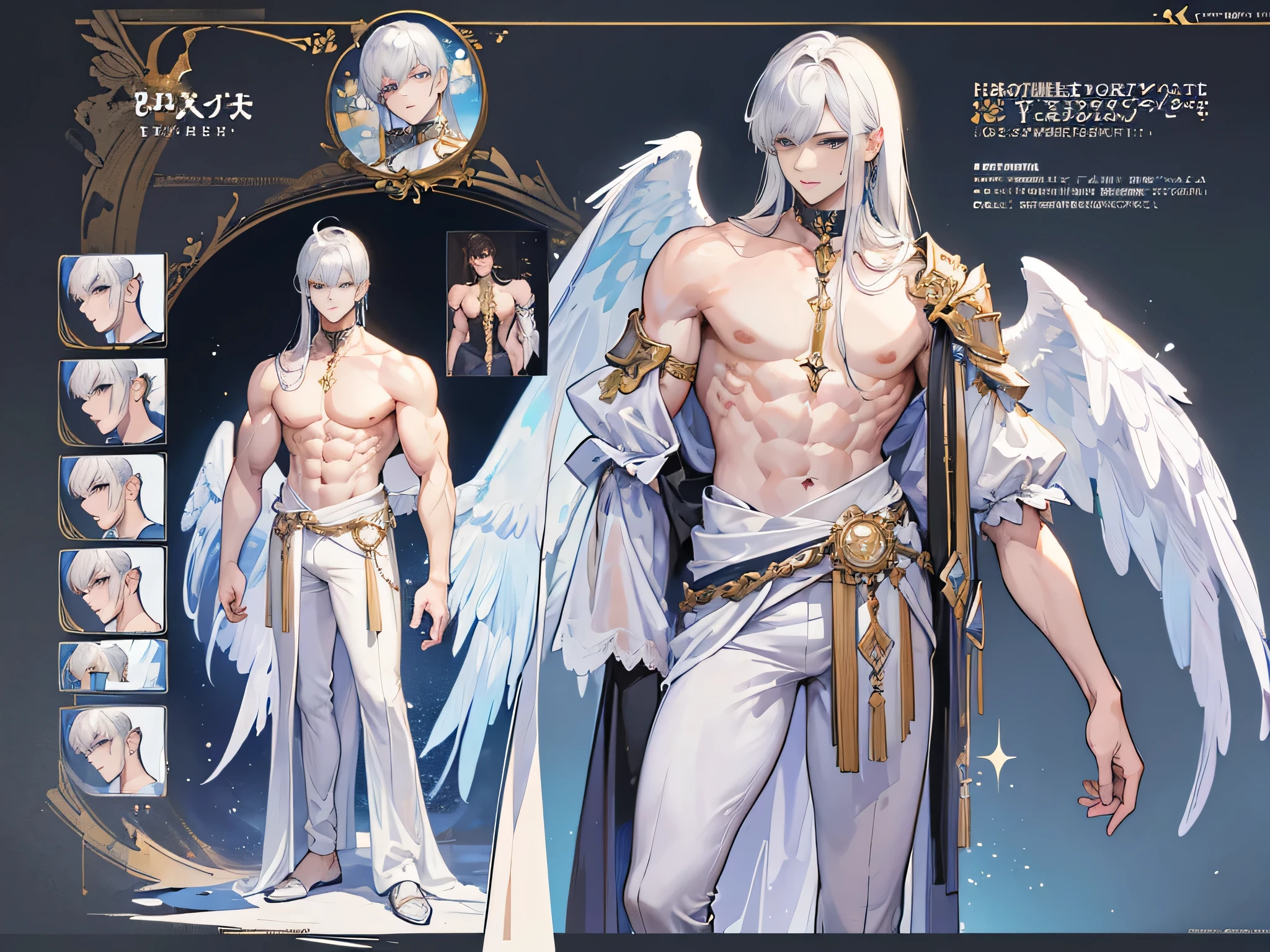 ((Masterpiece, Highest quality)), Male, boy, Detailed face, character design sheet， full bodyesbian, Full of details, frontal body view, back body view, Highly detailed, Depth, Many parts, angel wings, angel outfit, Muscle boy with black long hair bangs，handsome man, male angel , man tall,  abs, pectoral muscle