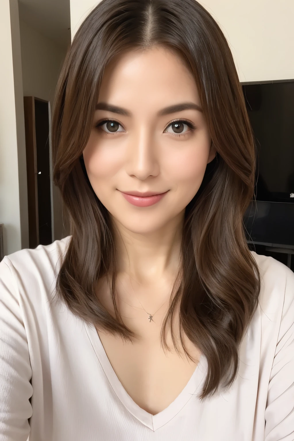 highest quality, 8k, masterpiece, One girl, Stylish Japanese women, Random Hairstyles, Big Breasts, short hair, Casual clothing, indoor, short hair, Highly detailed face, Fine grain, double eyelid, View your viewers, V-neck shirt