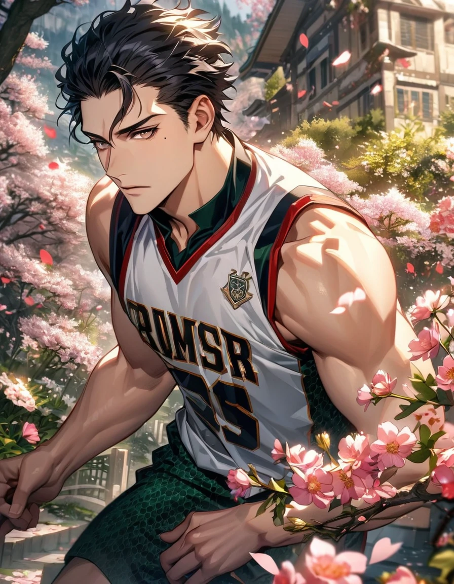 Ultra detailed, Highres, HDR, absurdres, Diarmuid Ua Duibhne, black hair, expressive golden eyes, patterns, Fate Grand Order, sexy man, handsome, solo, extremely detailed face and eyes, petals, blossoms, spring, master piece, white basketball uniform, mole under his eye, flowers