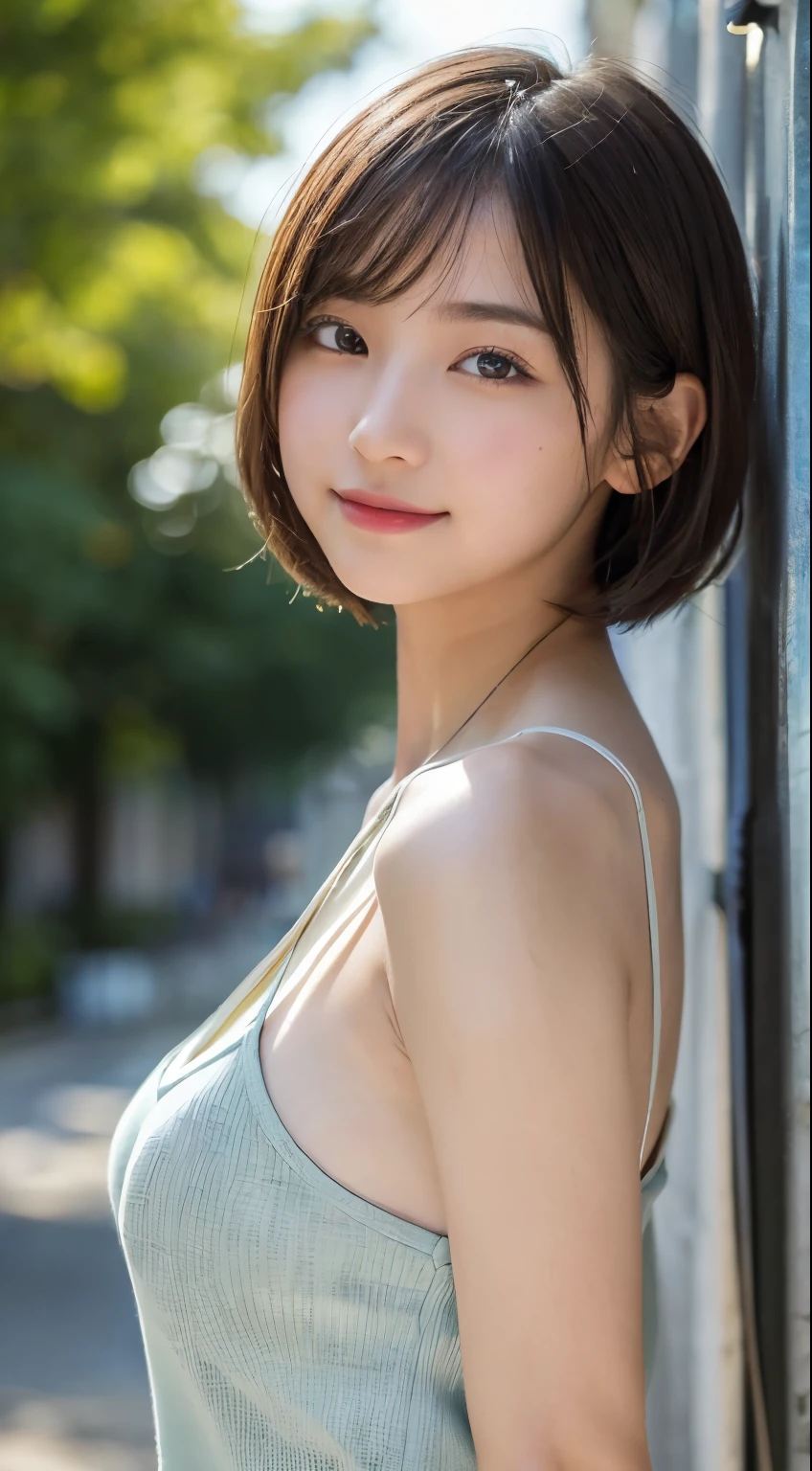 (highest quality,8K quality,masterpiece:1.3),Very small breasts、Small breasts、(Ultra-high resolution,Realistic:1.4,Live Shooting),(Very detailed,Caustics,Detailed Background),(Ultra-Realistic Capture,Beautiful and detailed skin,Perfect Anatomy),Summer Morning,School building,Schoolyard,,cute,single eyelid,Short silver hair,camisole,Looking at the camera,A sloppy smile,Bust up shot,Natural light