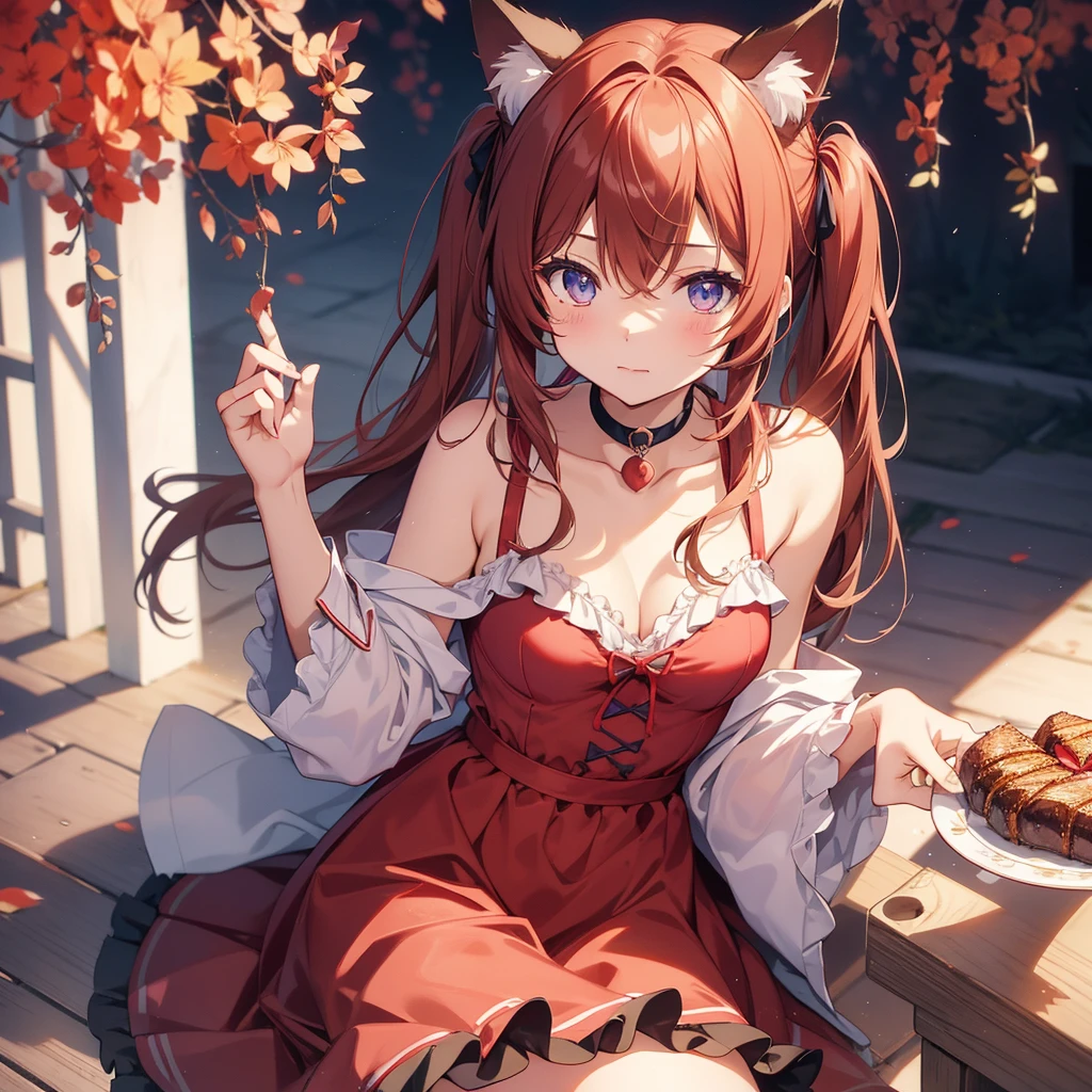 I wrote a girl character called Akami Karubi.。The features are as follows。A girl in a red frilly dress。Princess of the Kingdom of Meat。Akagami twin tails with cat ears。She wears a choker around her neck with a plate with the word "Karubi" written on it.。Eye color is blue。22 years old。Eye highlights are heart-shaped。A natural and playful personality。He is wearing a cat's paw-shaped three-ton。uneducated。